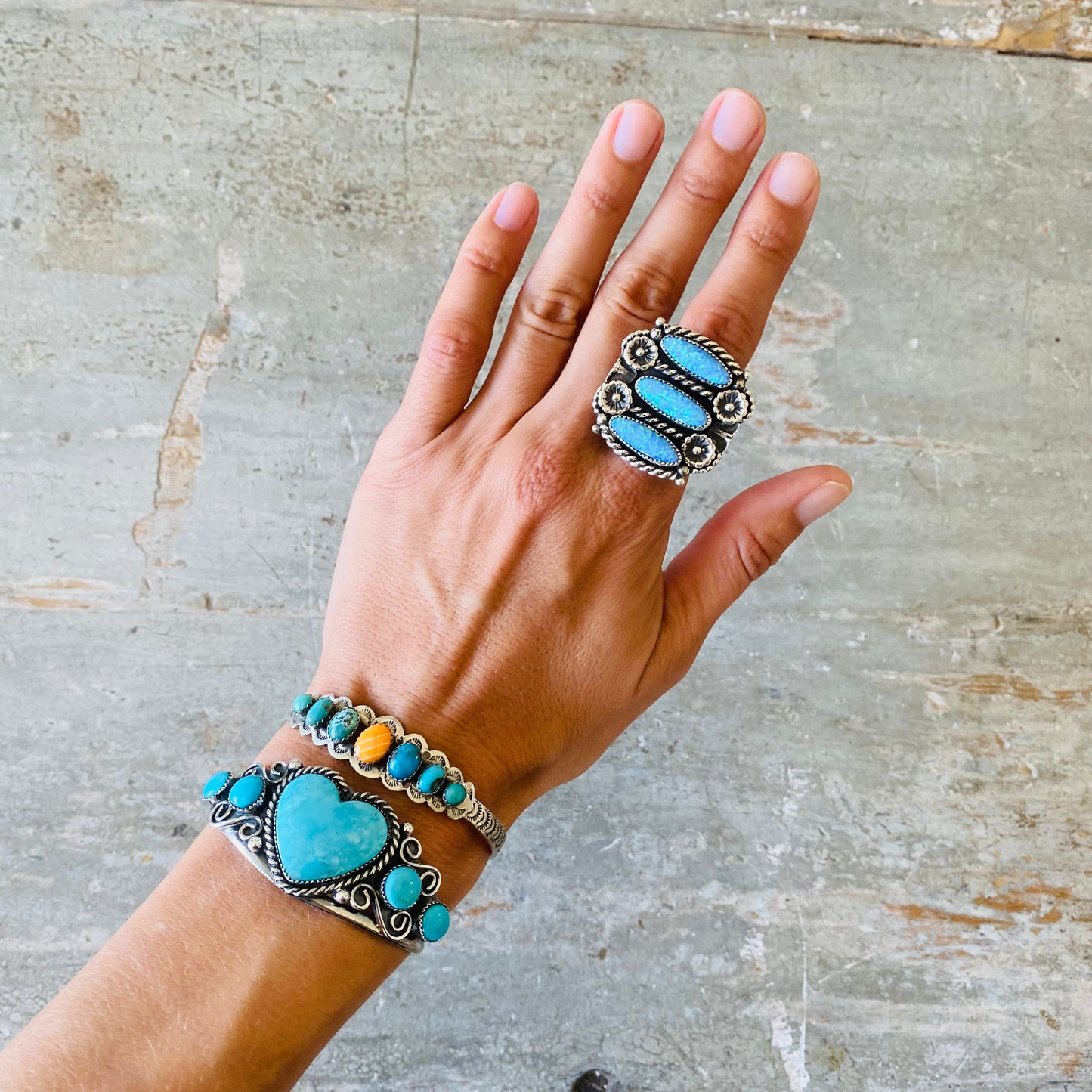 Navajo Kindale Billah Sterling Silver & Blue Lab Opal Floral Ring