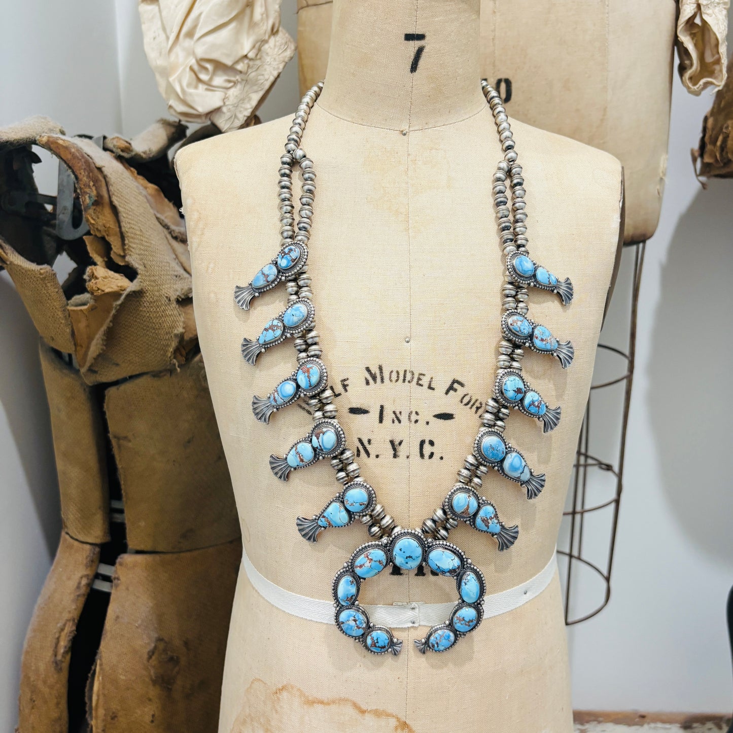 Navajo Justine Tso Sterling Silver & Golden Hills Turquoise Squash Blossom Necklace Set