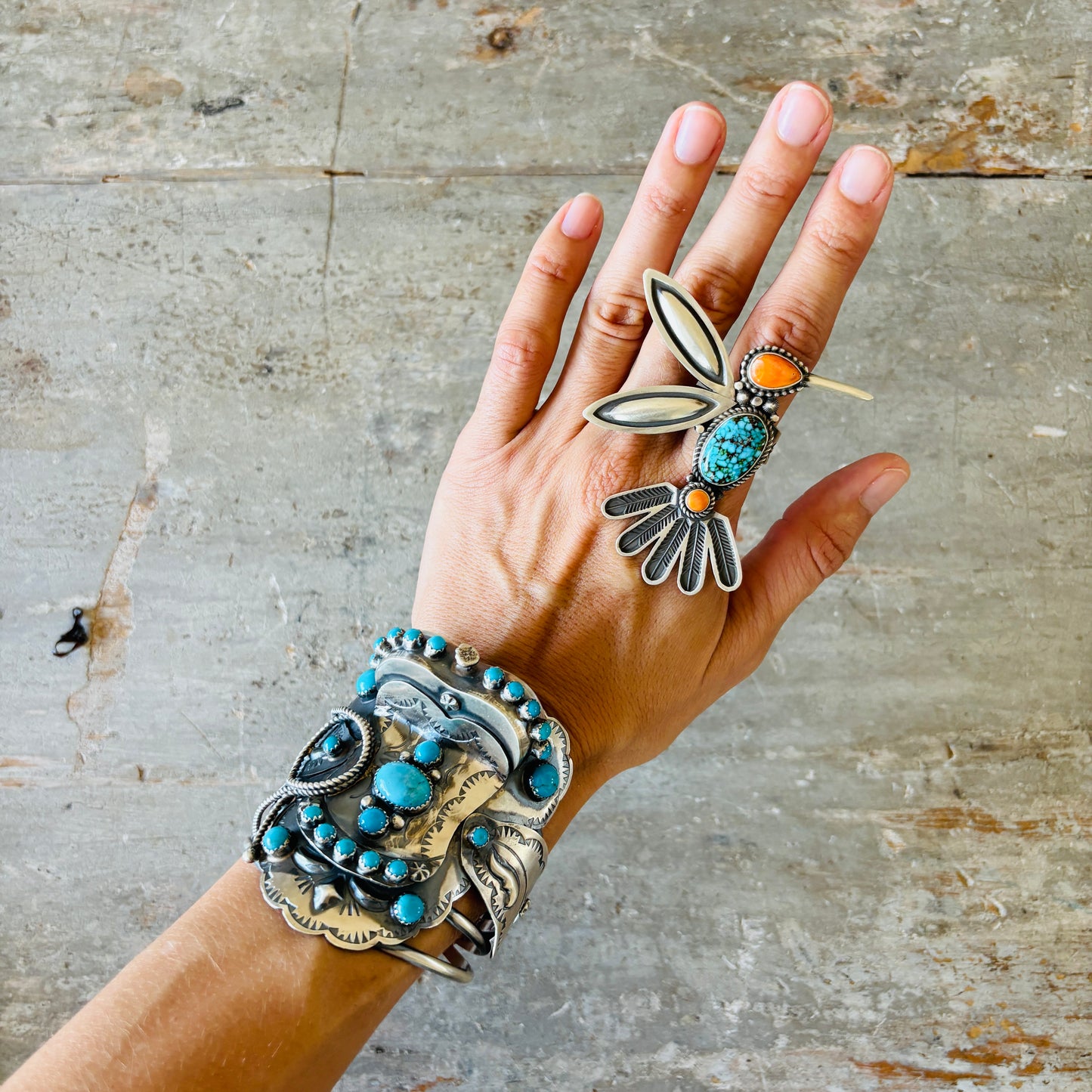 Navajo Herman Smith Sterling Silver - Orange Spiny & Spiderweb Kingman Hummingbird Ring