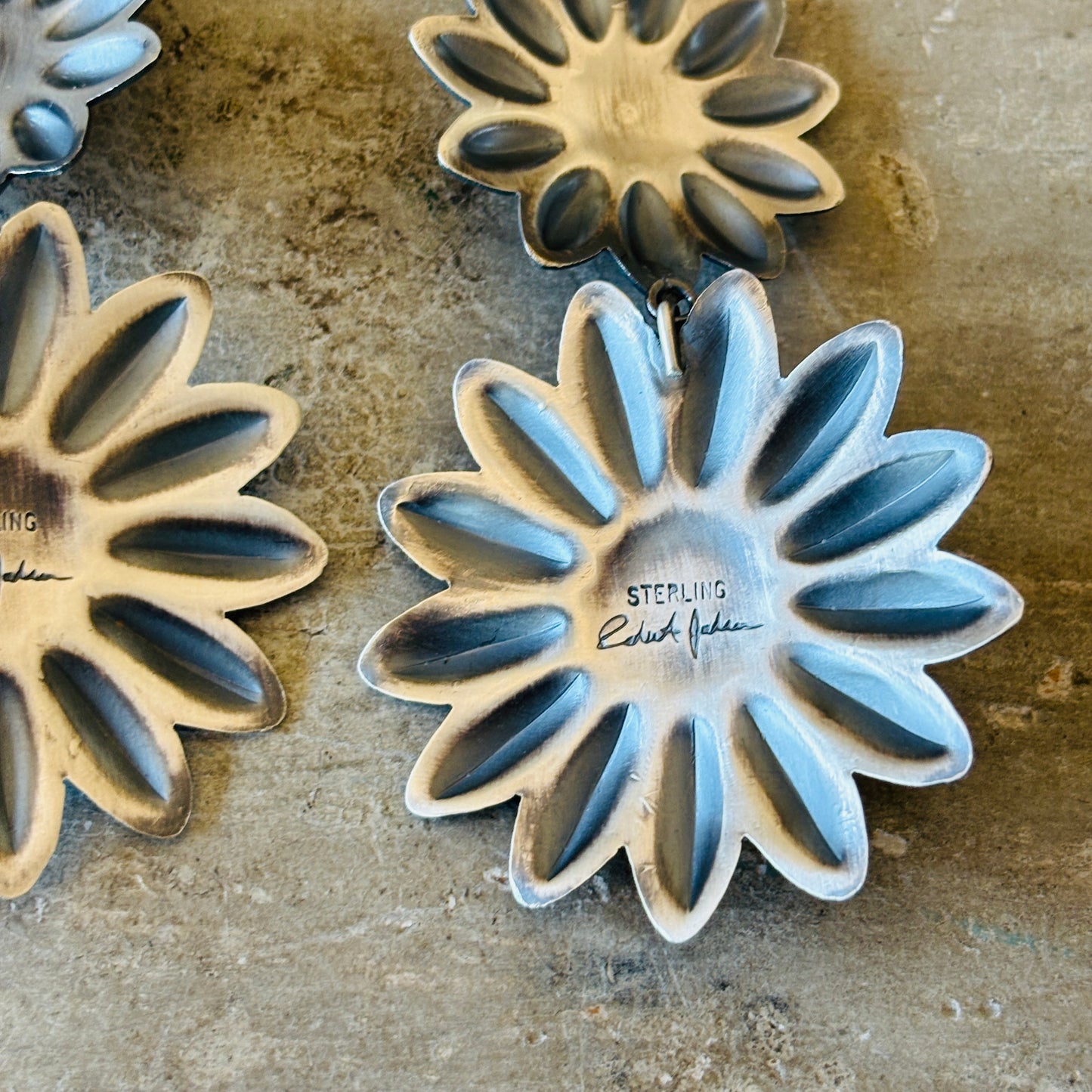 Navajo Robert Johnson Sterling Silver - Lapis - Red Spiny & Kingman Turquoise Floral Concho Earrings