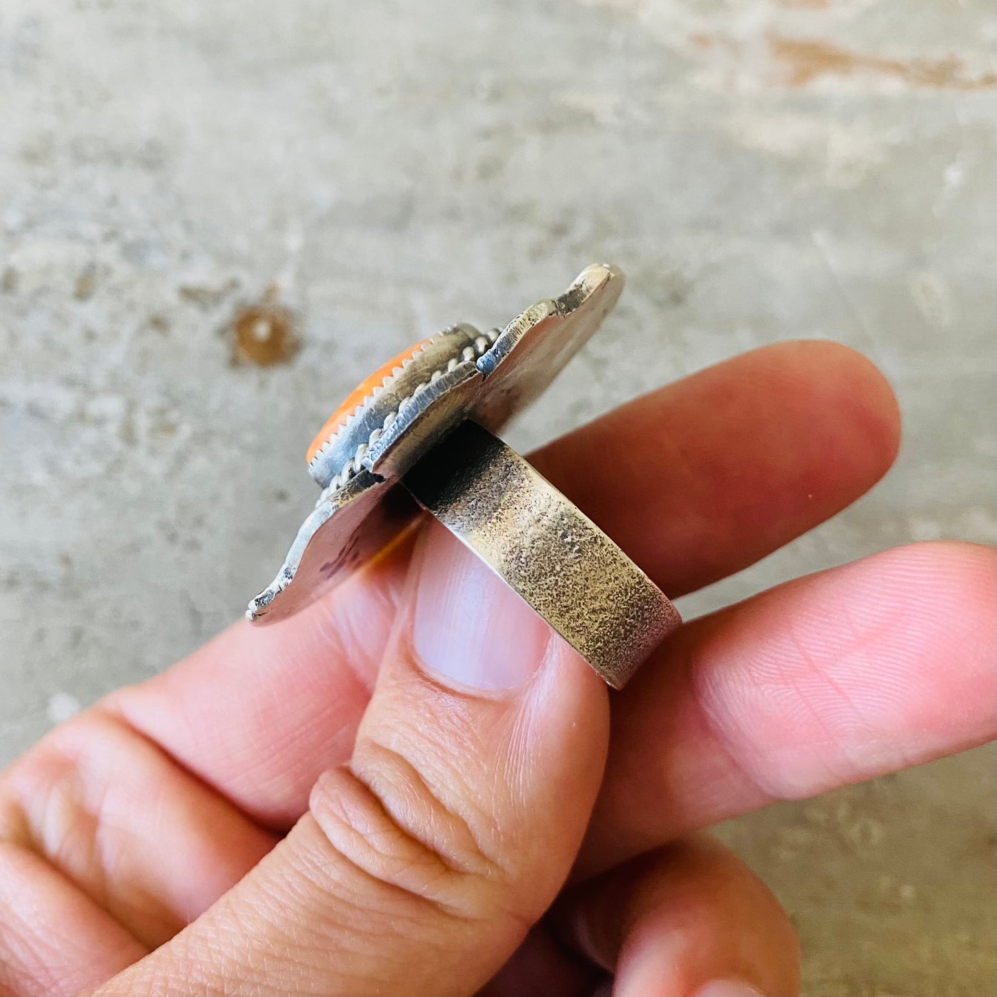 Navajo Kindale Billah Sterling Silver & Orange Spiny Oyster Ring