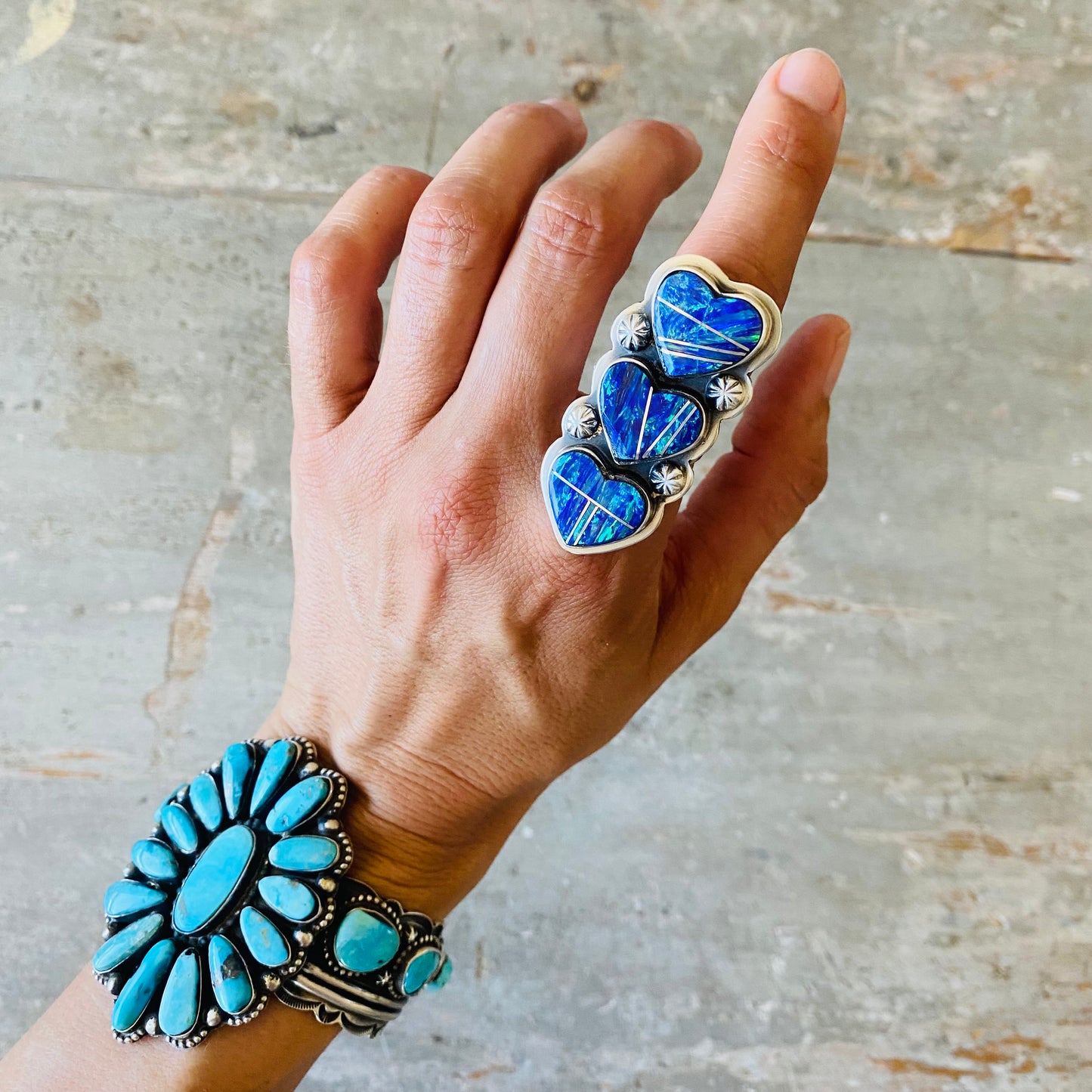 Navajo Signed Sterling Silver & Blue Purple Lab Opal Hearts Ring