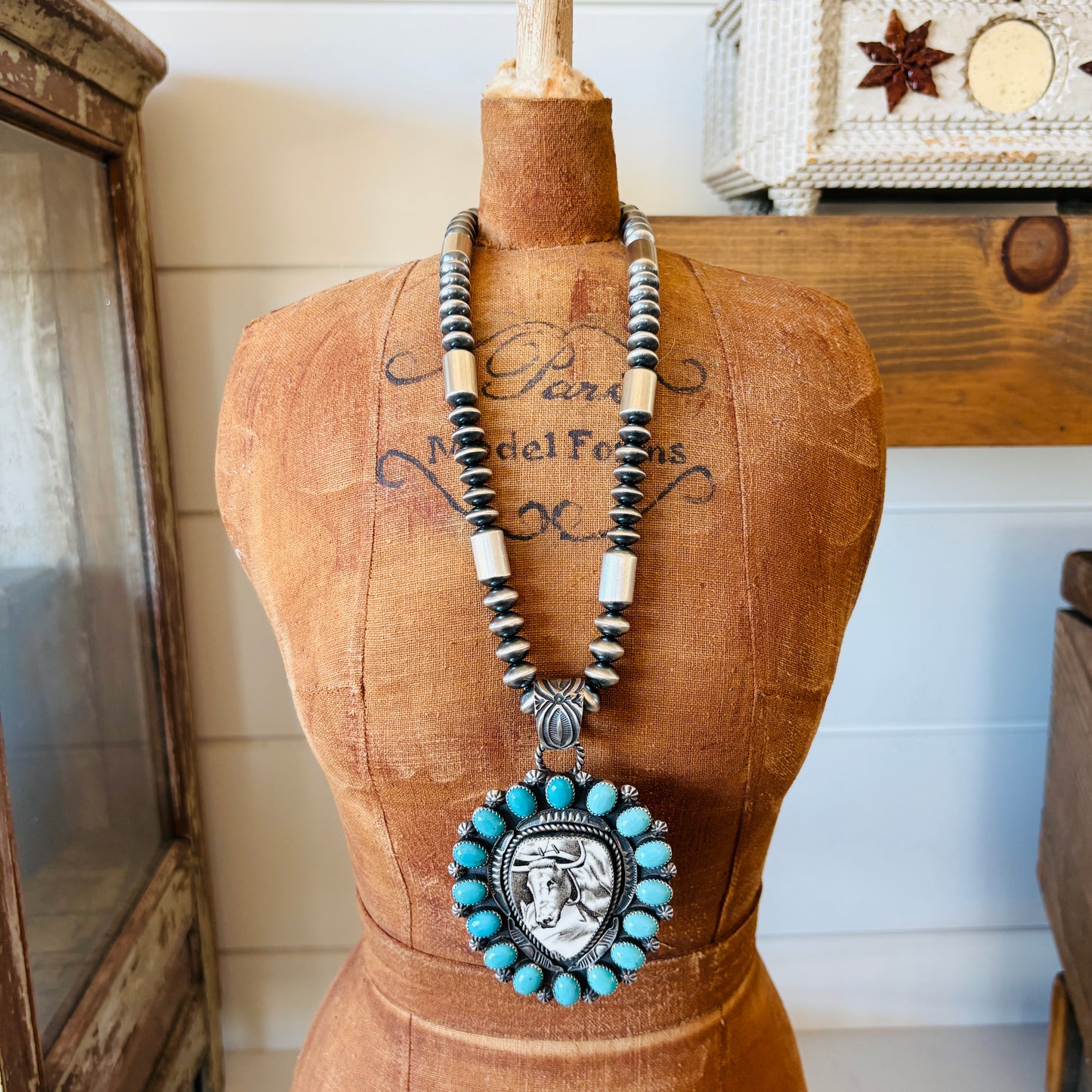 Navajo Kindale Billah Sterling Silver & Campitos Turquoise Steer Pendant