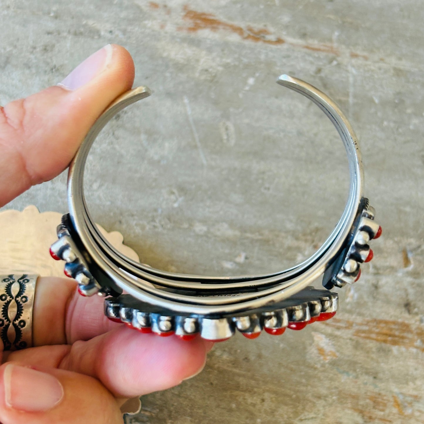 Navajo Darrin Livingston Sterling Silver & Red Coral Coin Cuff