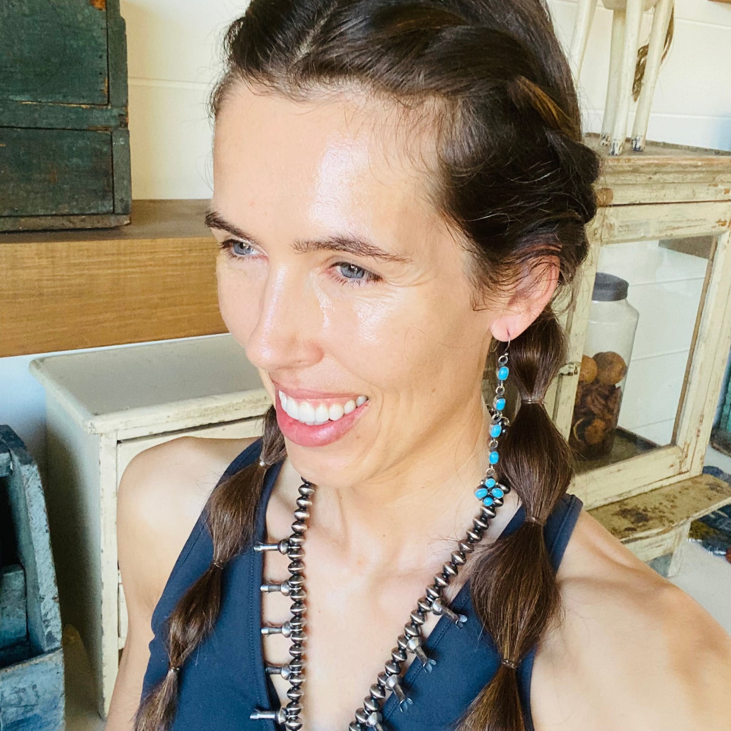 Navajo Elanor Largo Sterling Silver & Kingman Turquoise Earrings
