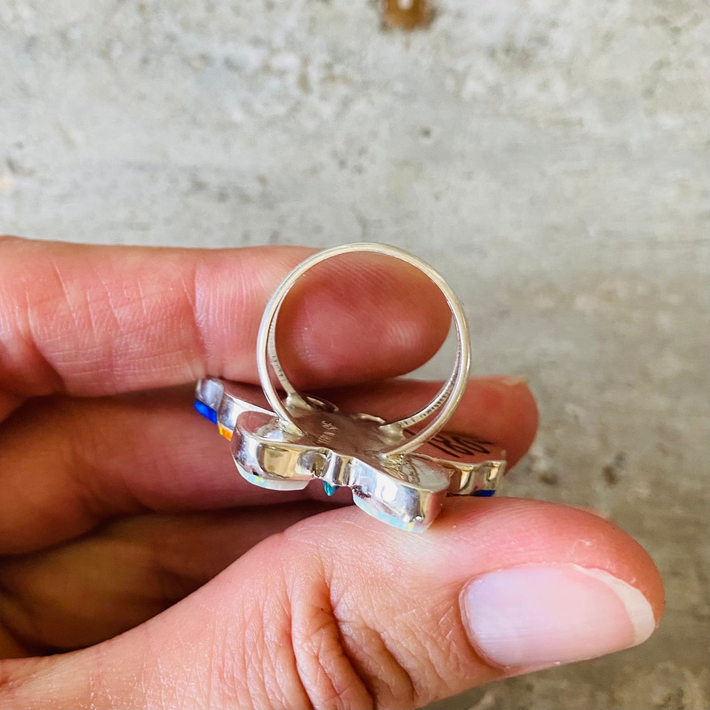 Navajo Steeve Francisco Sterling Silver & Lab Opal Multicolor Butterfly Ring