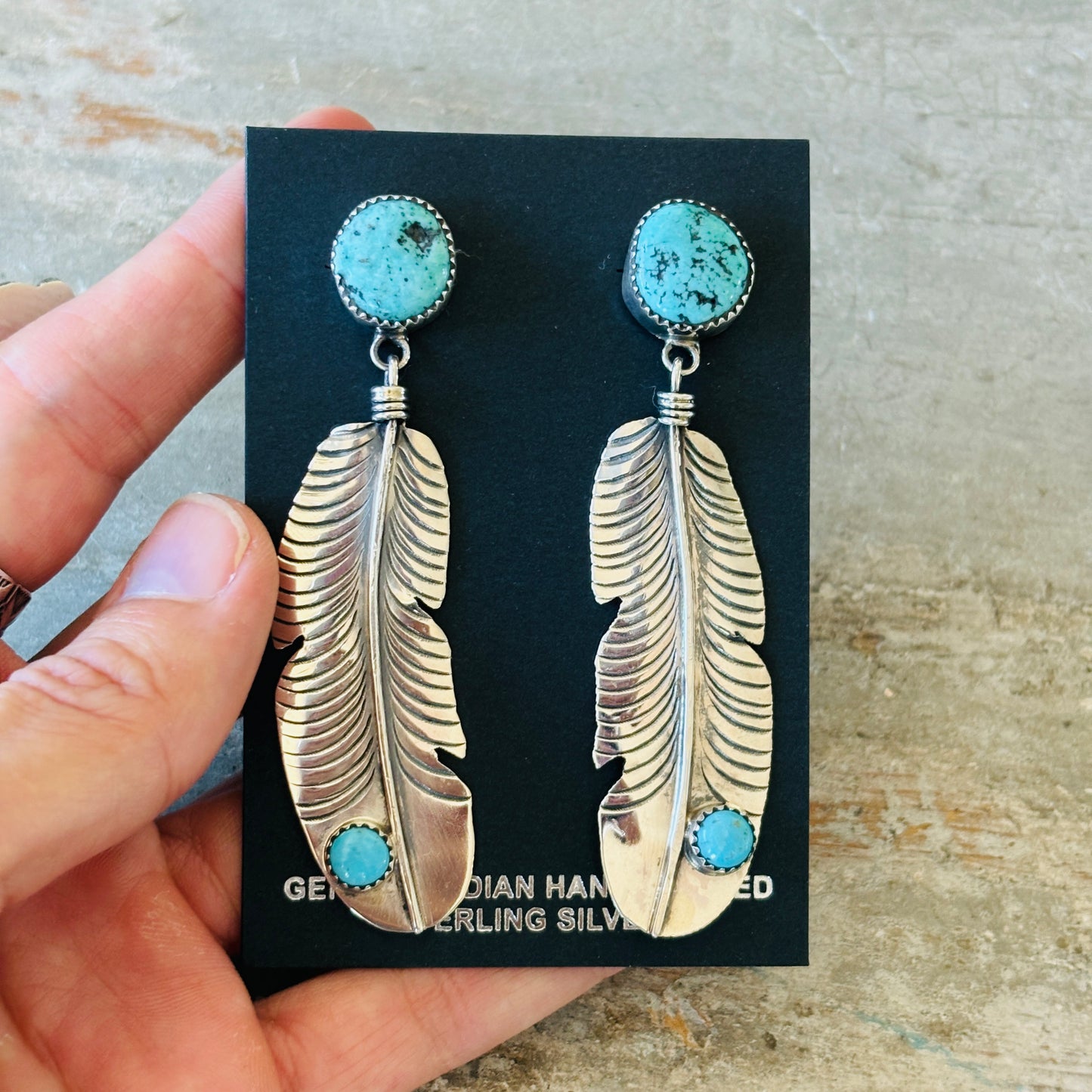 Navajo Lydia Begay Sterling Silver & Kingman Feather Earrings