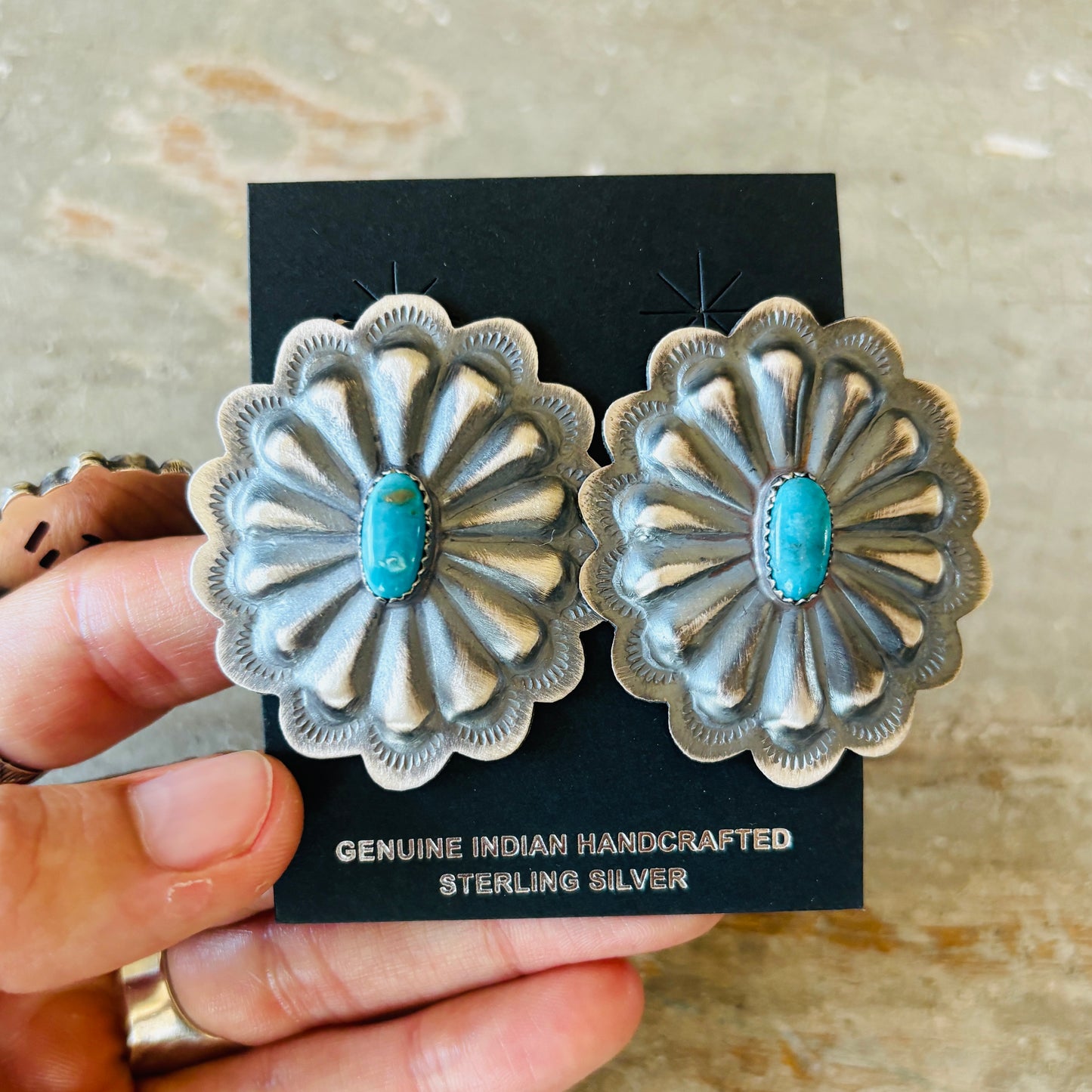 Navajo Signed Sterling Silver & Kingman Turquoise Concho Earrings