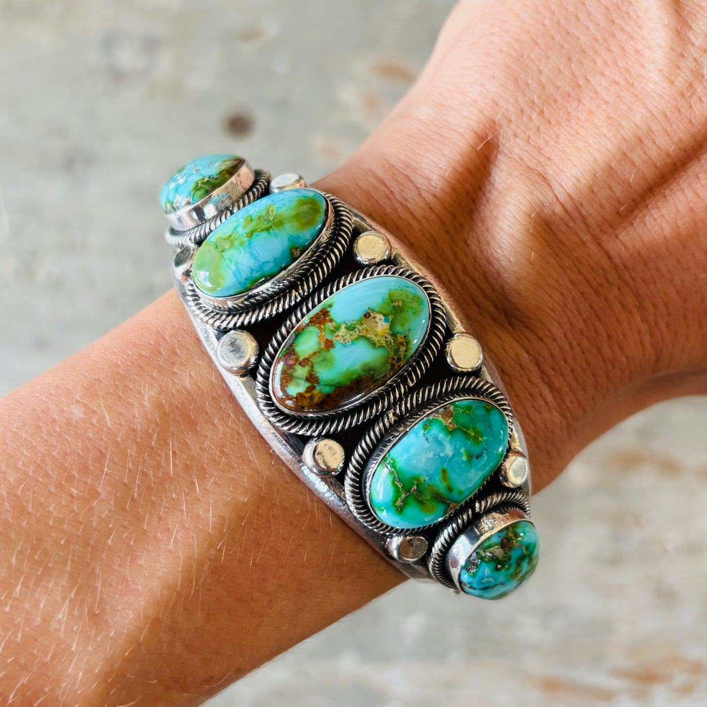Navajo Hemerson Brown Sterling Silver & Sonoran Turquoise Statement Cuff