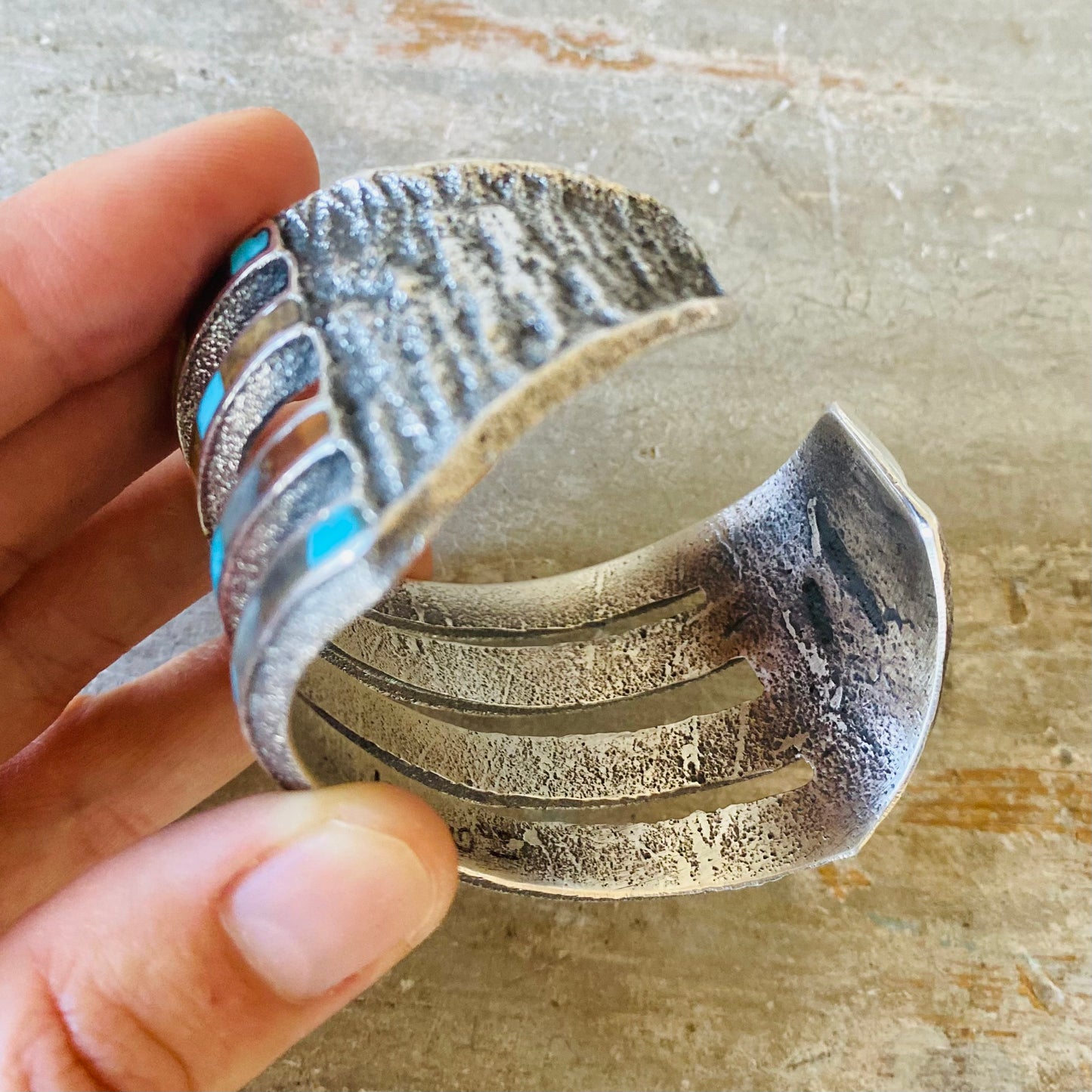 Navajo Lester James Sterling Silver - Turquoise & Sandstone Inlay Tufa Cast Cuff