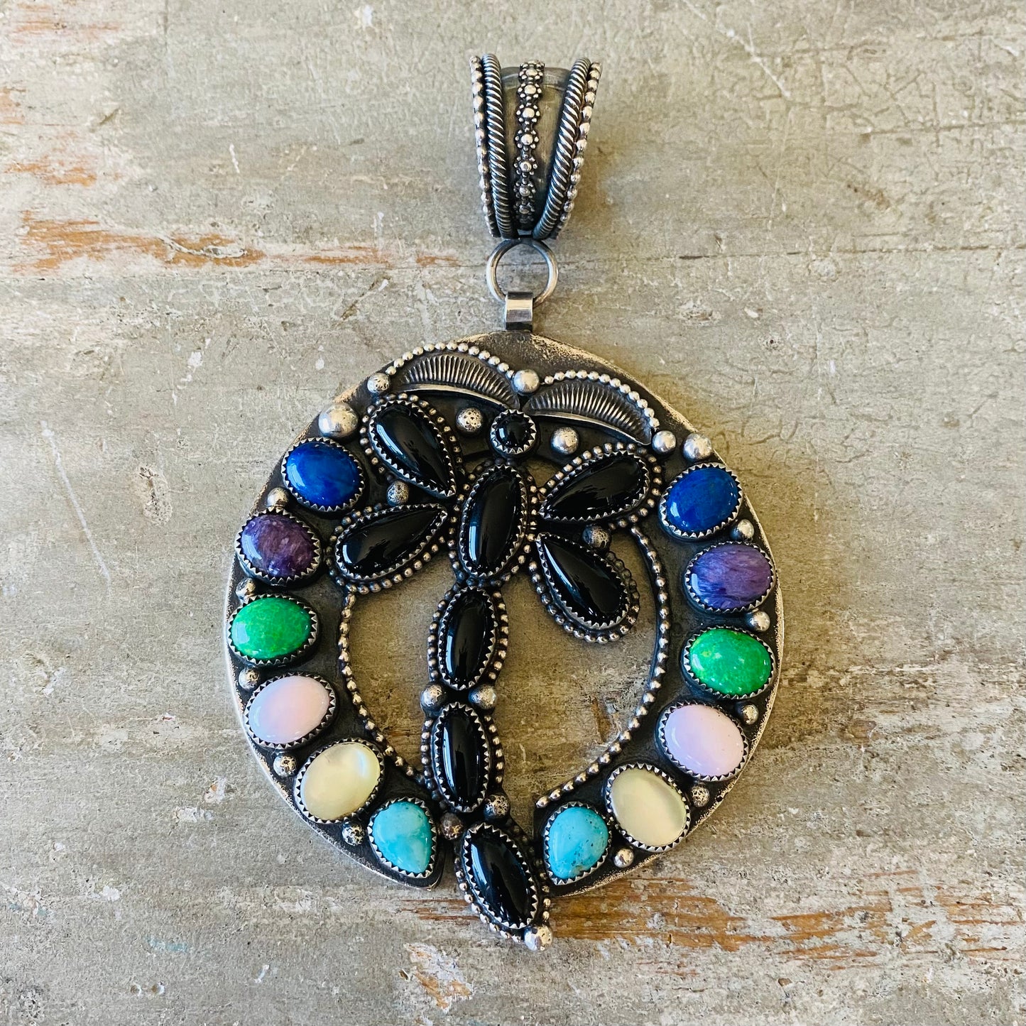 Navajo Myron Etsitty Sterling Silver Multi Stone Dragonfly Pendant
