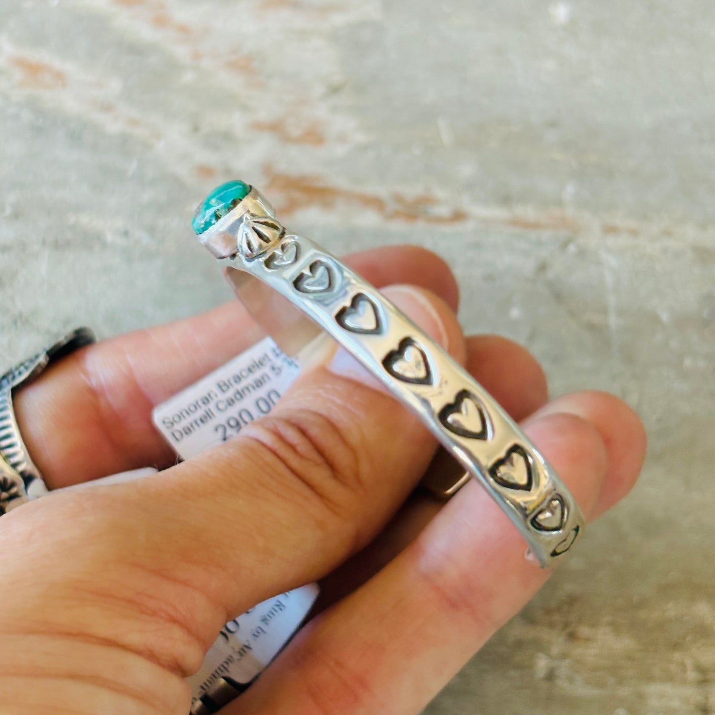 Navajo Darrell Cadman Sterling Silver & Sonoran Turquoise Hearts Stacker Cuff