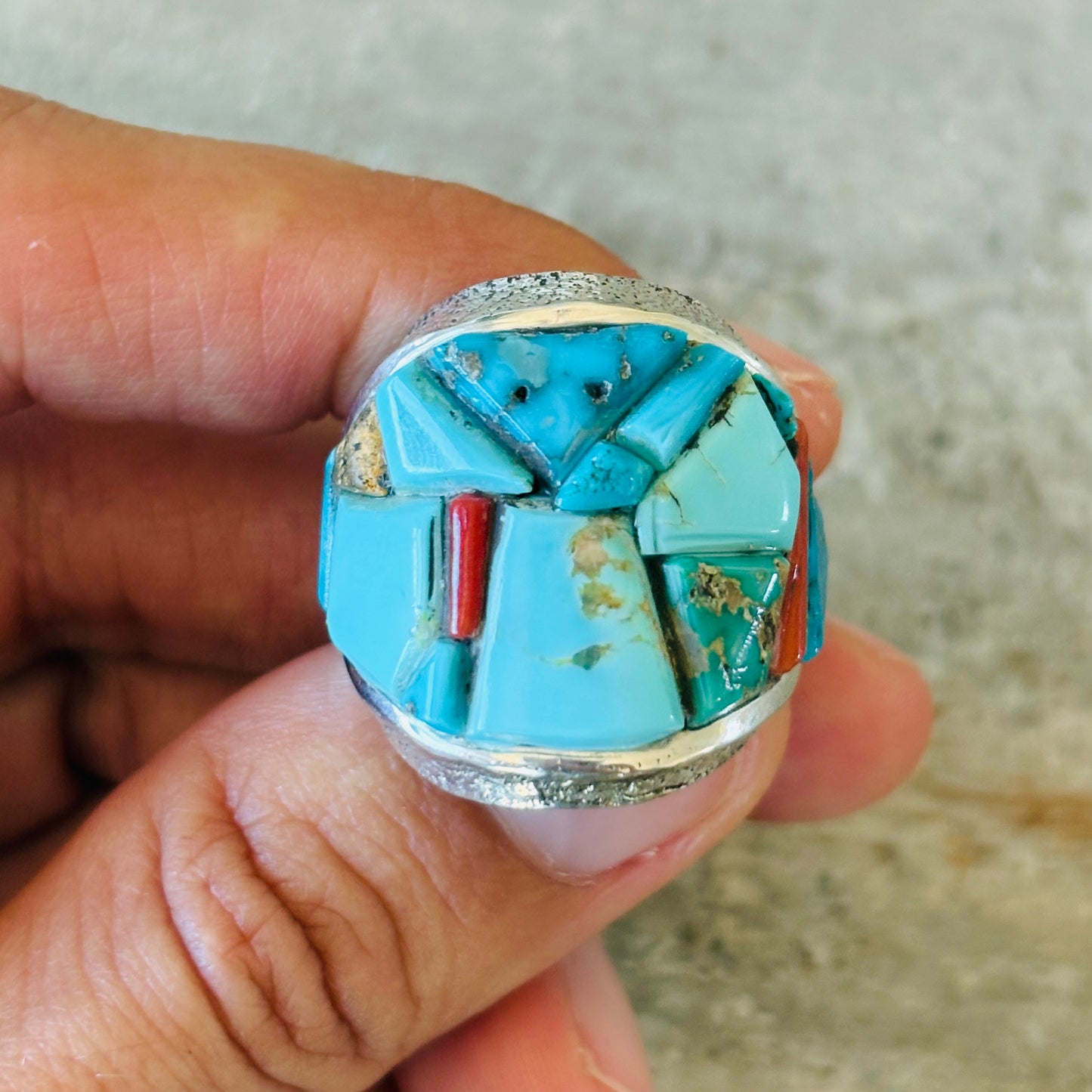 Navajo Lester James Sterling Silver - Red Coral & Multi Turquoise Cobblestone Tufa Cast Ring