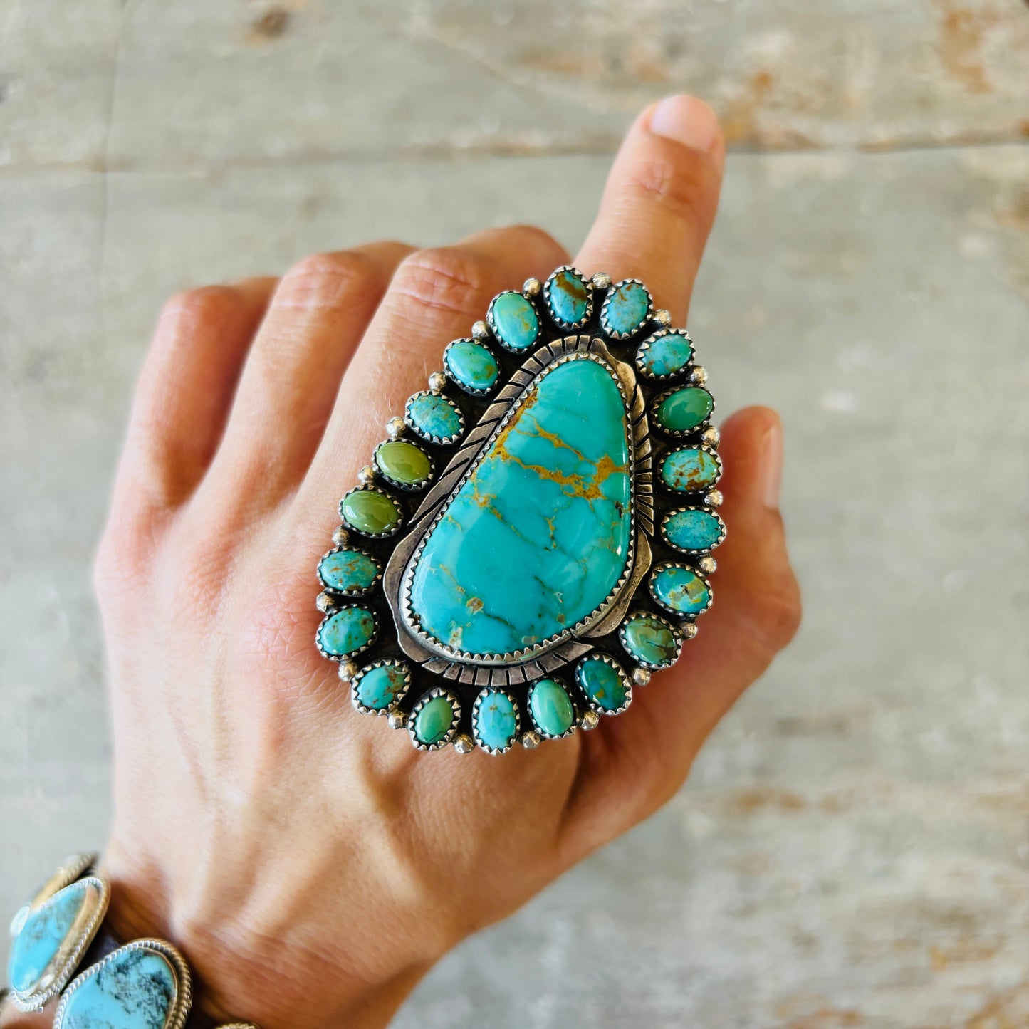 Navajo Marcus Chavez Sterling Silver & Multi Turquoise Cluster Ring