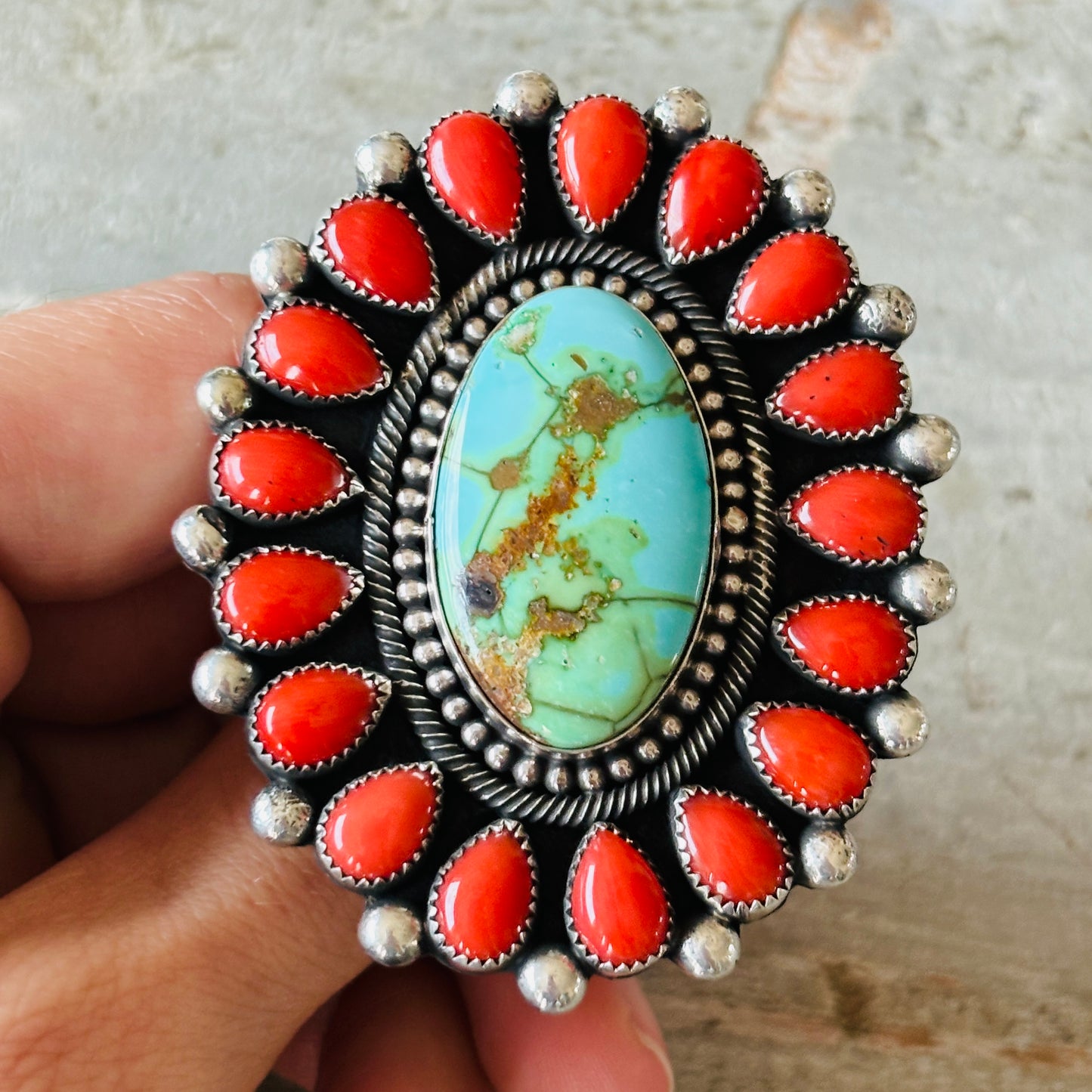 Navajo Hemerson Brown Sterling Silver - Red Coral & Sonoran Turquoise Cluster Ring