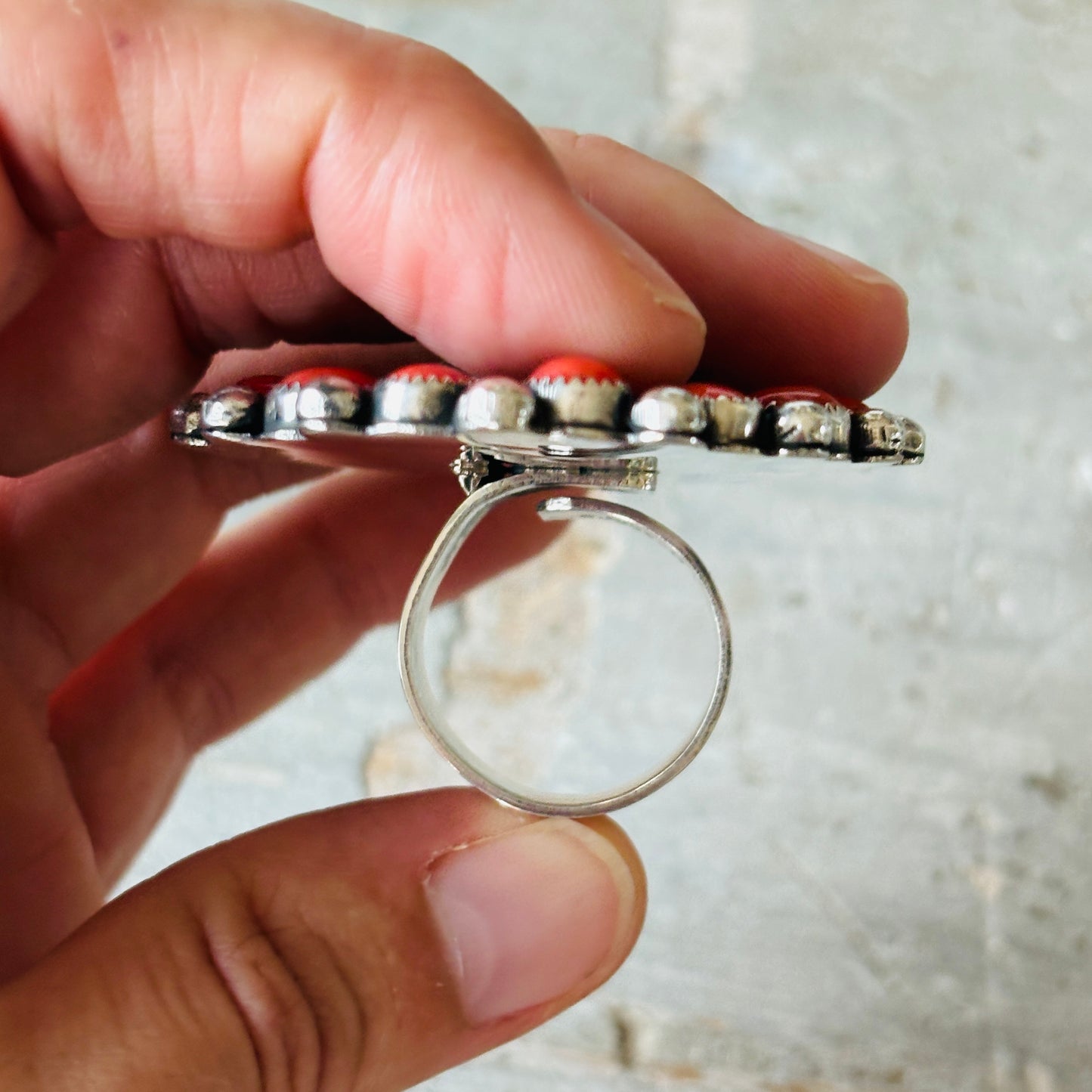 Navajo Hemerson Brown Sterling Silver - Red Coral & Sonoran Turquoise Cluster Ring