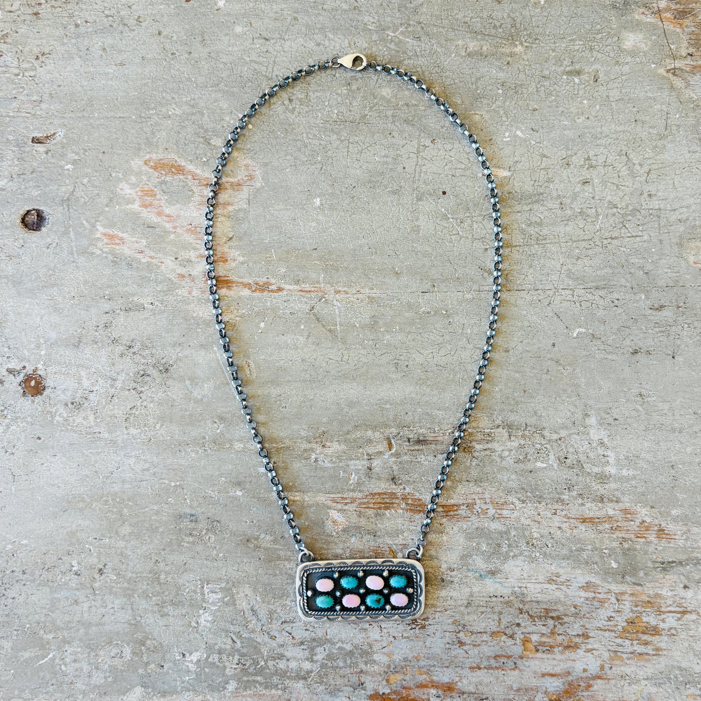 Navajo Russell Sam Sterling Silver - Pink Conch & Turquoise Bar Necklace