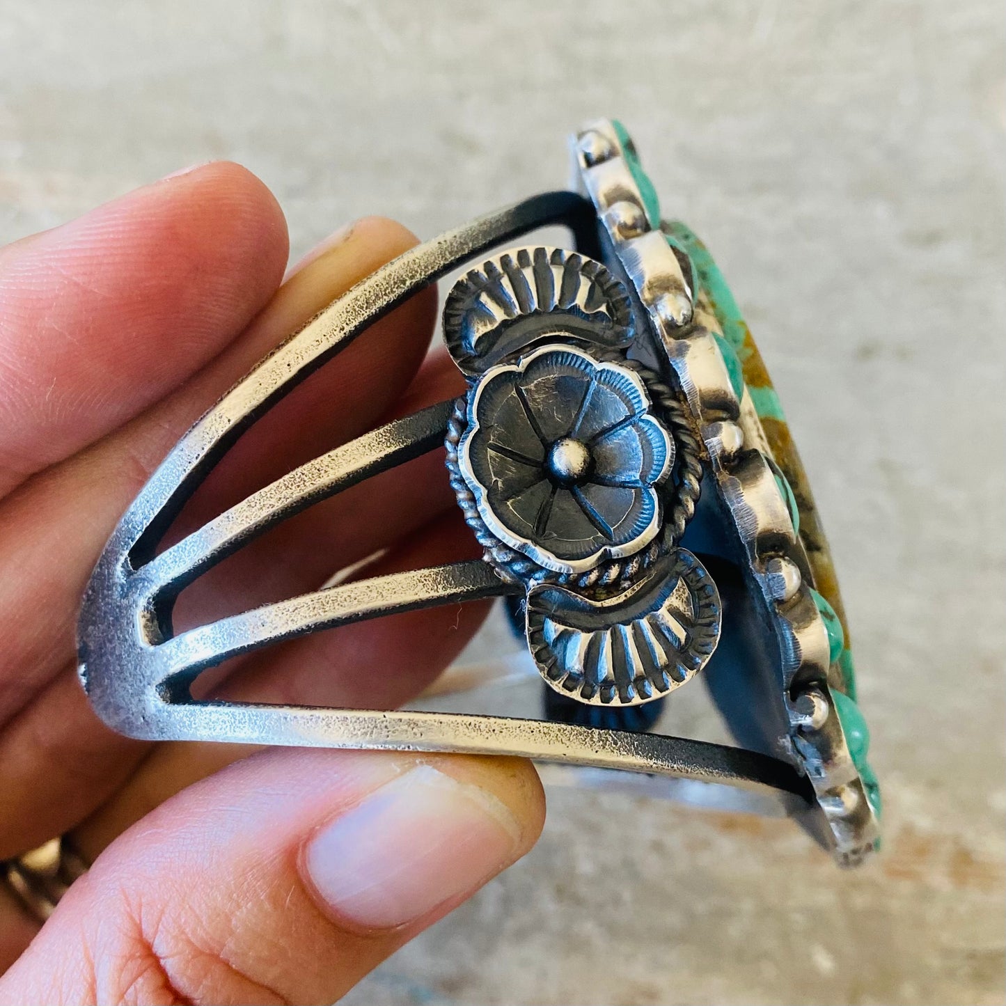 Navajo Kindale Billah Sterling Silver & Kingman Turquoise Cluster Floral Statement Cuff