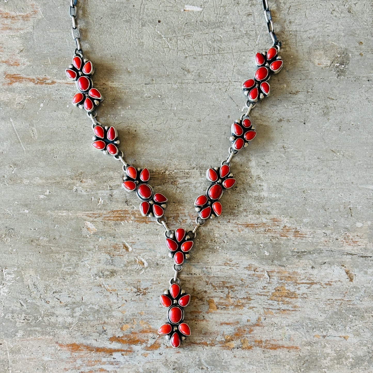 Navajo Kathleen Livingston Sterling Silver & Red Coral Lariat