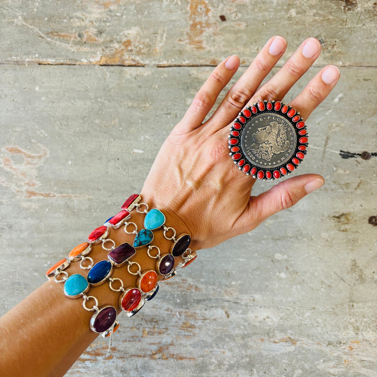 Navajo Mildred Parkhurst Sterling Silver Multi Stone Paper Clip Chain Bracelets