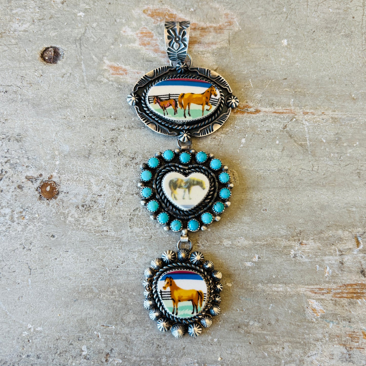 Navajo Kindale Billah Sterling Silver 3 Tier Horses Pendant