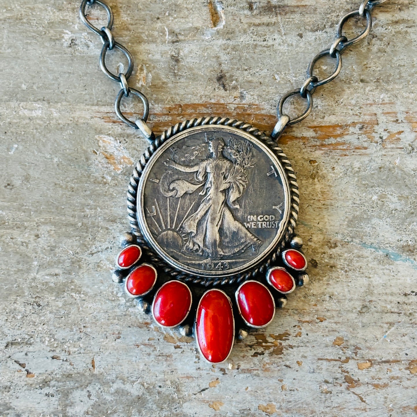 Navajo Darrin Livingston Sterling Silver & Red Coral Coin Necklace
