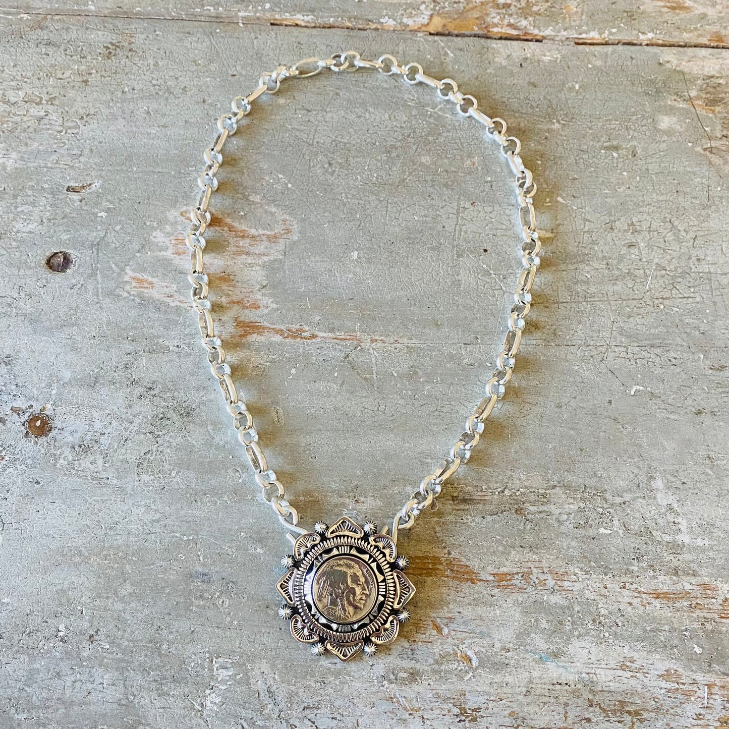 Navajo Eddie Secatero Sterling Silver Indian Head Nickel Statement Necklace