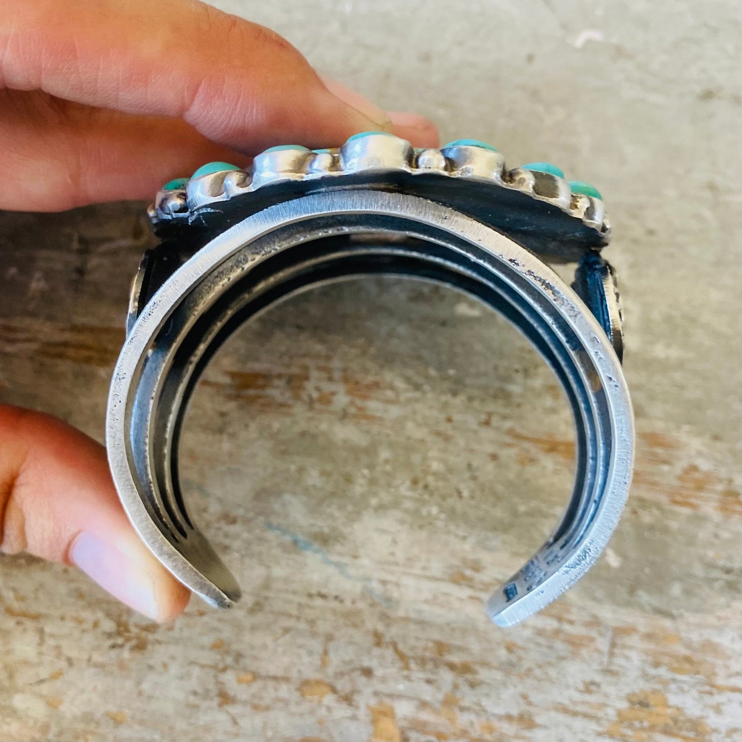 Navajo Kindale Billah Sterling Silver & Kingman Turquoise Cluster Floral Statement Cuff