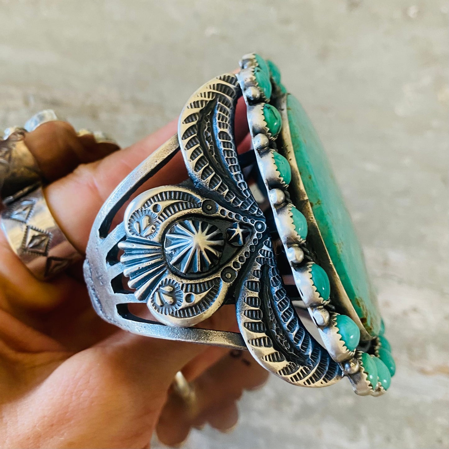 Navajo Kindale Billah Sterling Silver & Kingman Turquoise Cluster Statement Cuff