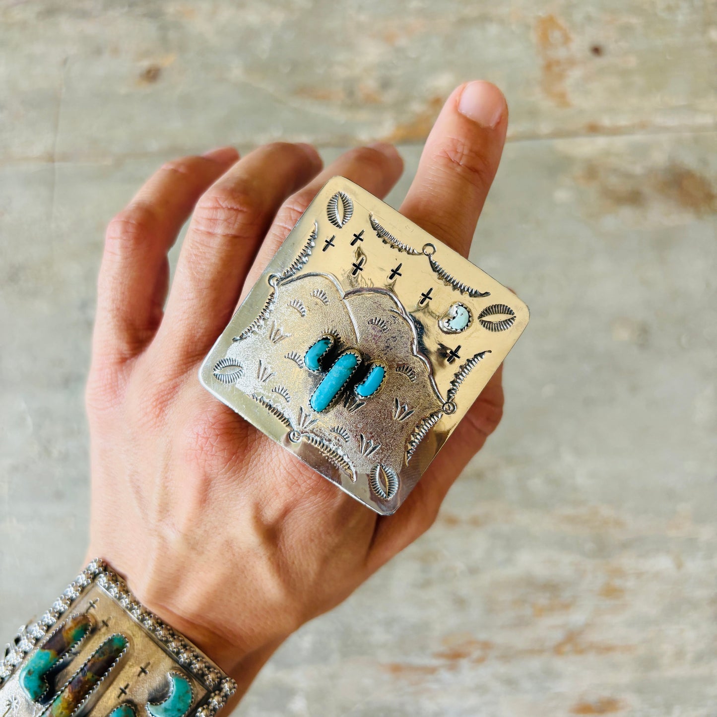 Navajo Hemerson Brown Sterling Silver & Kingman Turquoise Cactus Ring