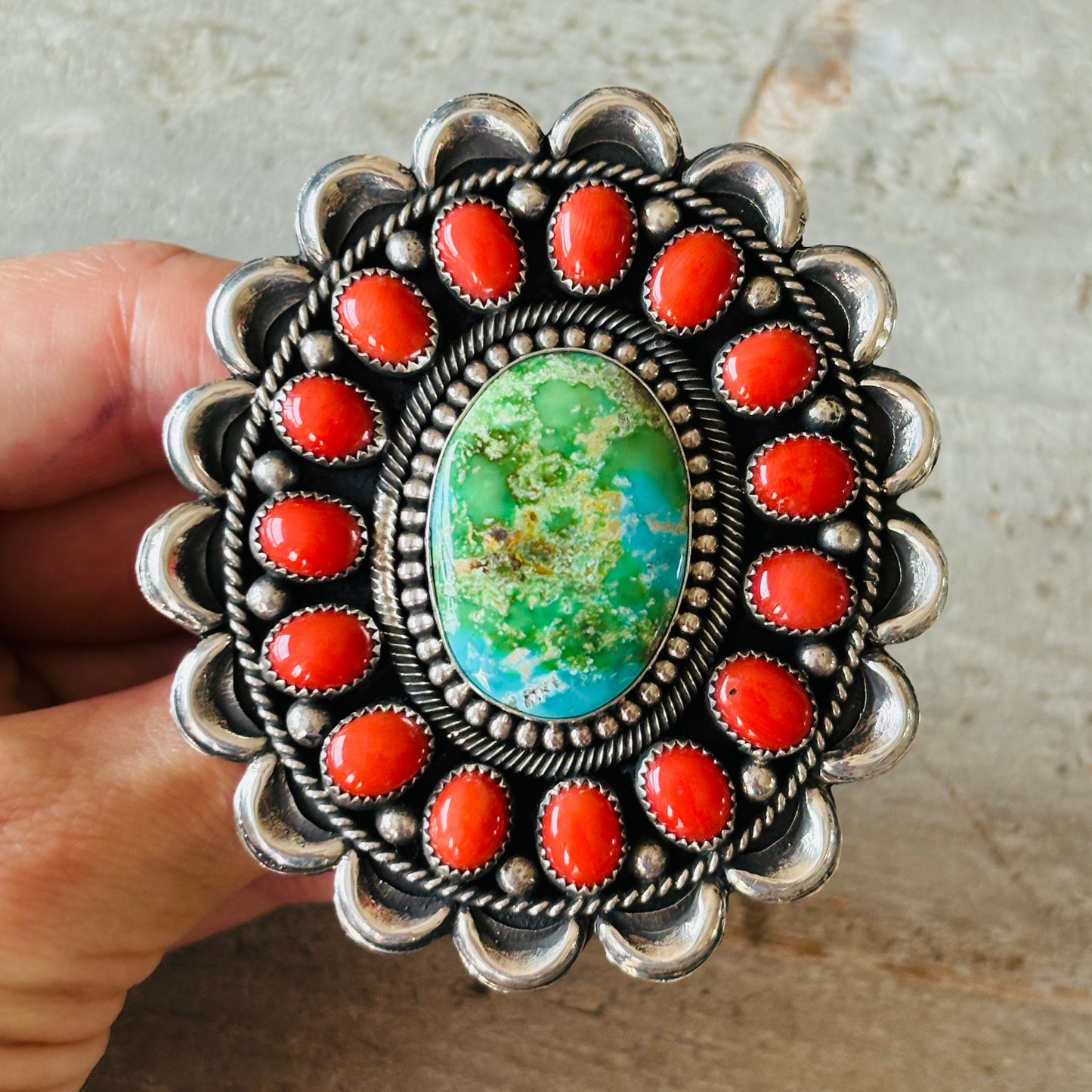 Navajo Hemerson Brown Sterling Silver - Red Coral & Sonoran Turquoise Cluster Ring