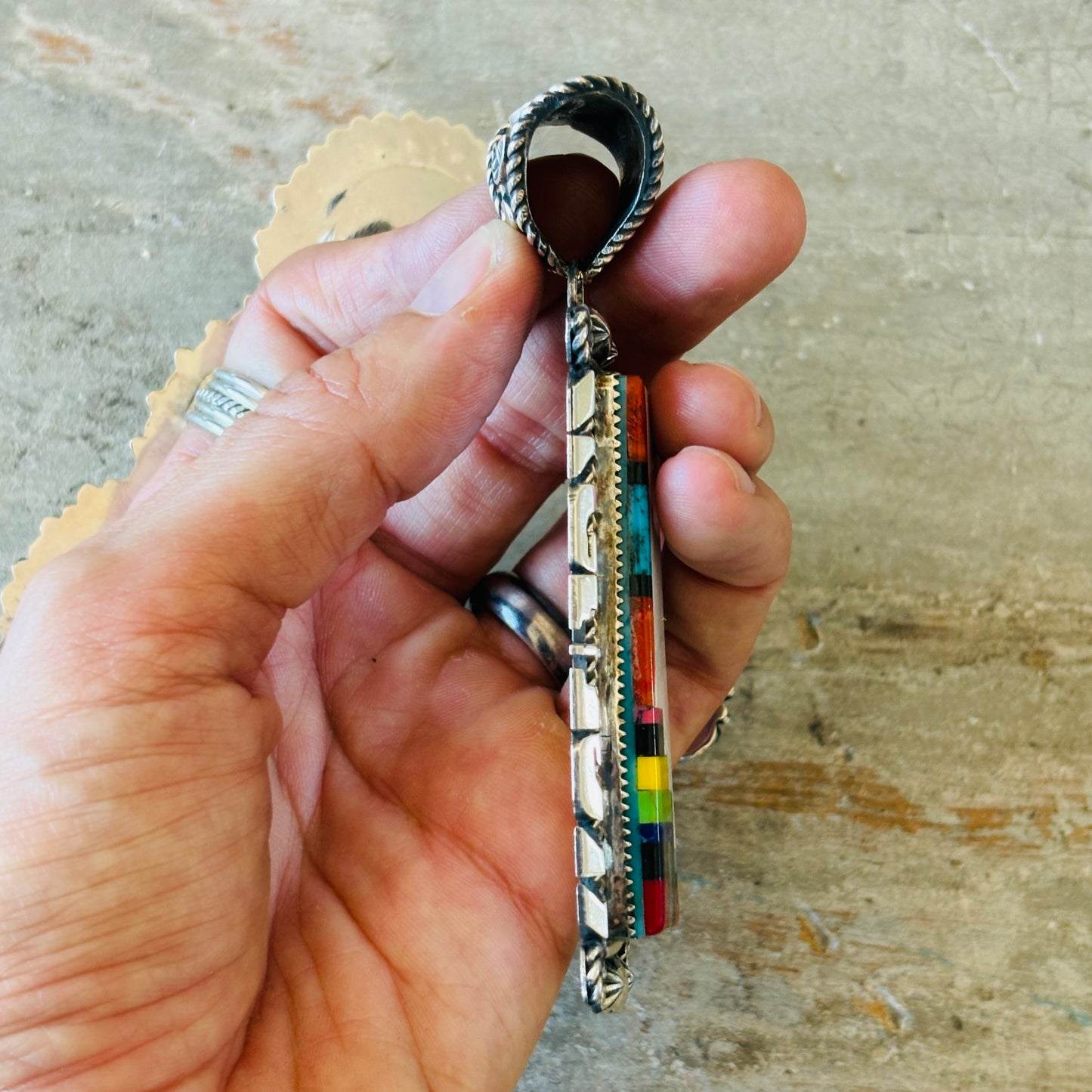 Navajo Marcus Chavez Sterling Silver & Multi Block Stone Pendant