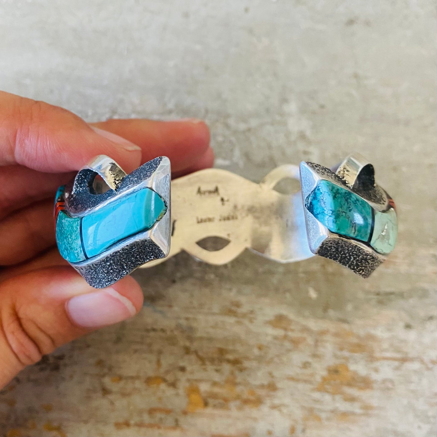 Navajo Lester James & Aaron Anderson Sterling Silver Multi Stone Tufa Cast Cuff