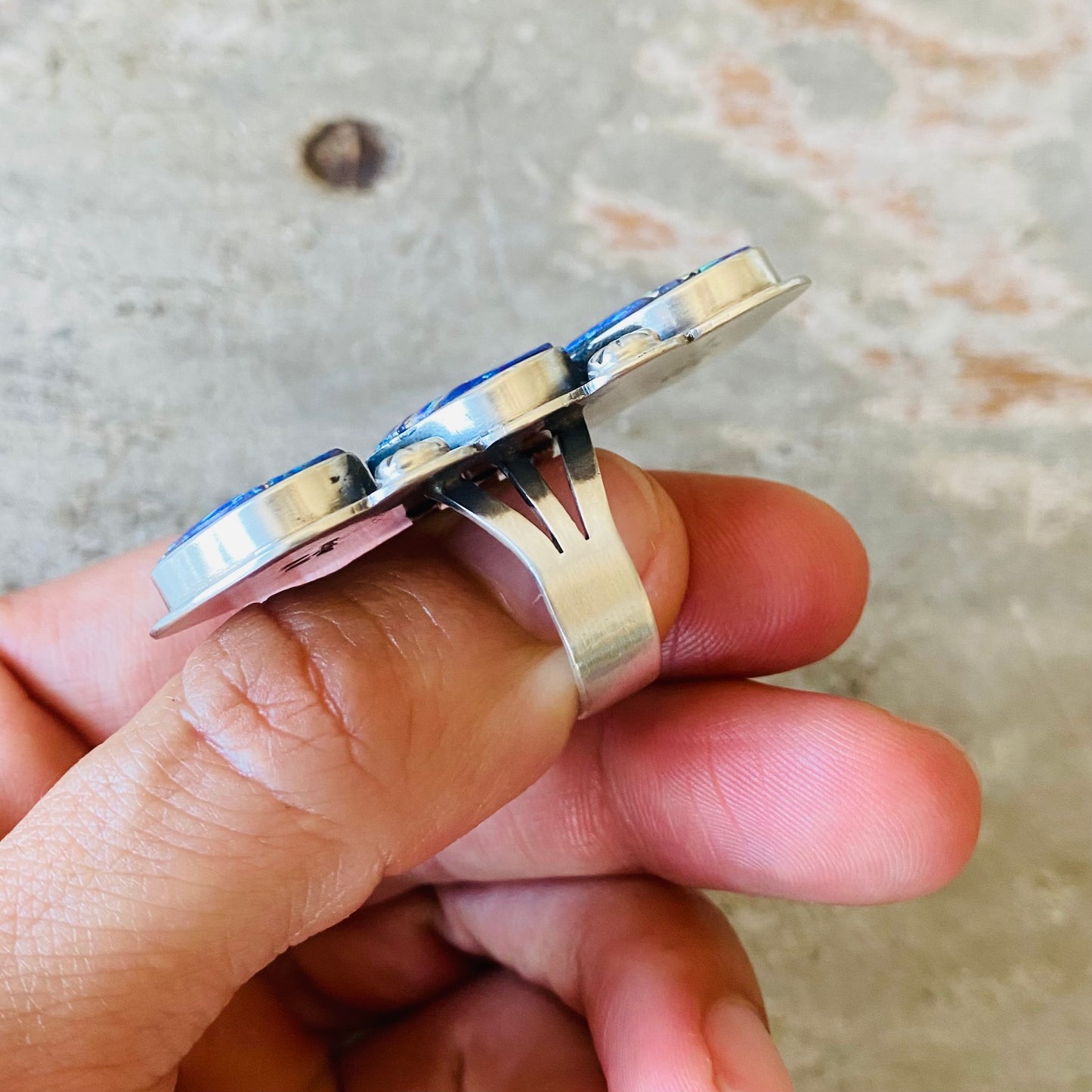 Navajo Signed Sterling Silver & Blue Purple Lab Opal Hearts Ring