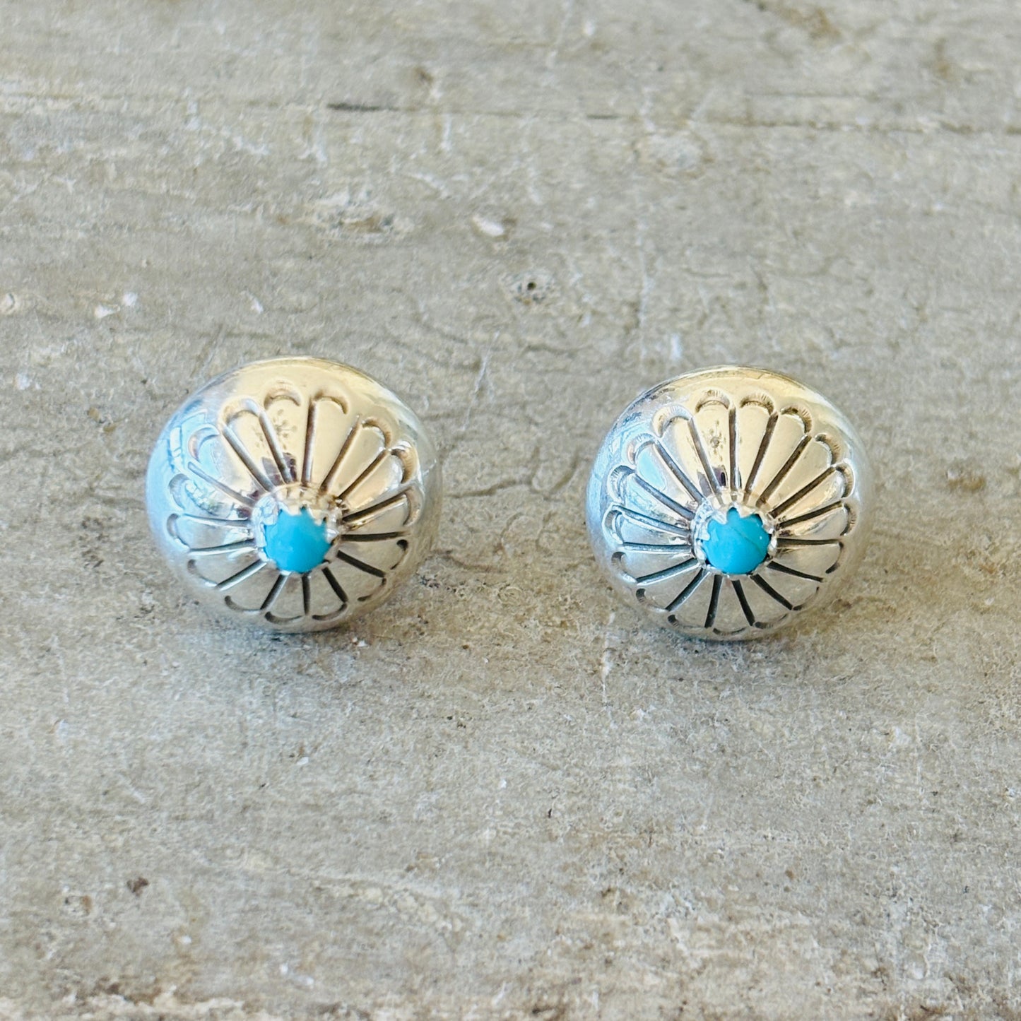 Navajo Marie Yazzie Sterling Silver & Turquoise Button Earrings