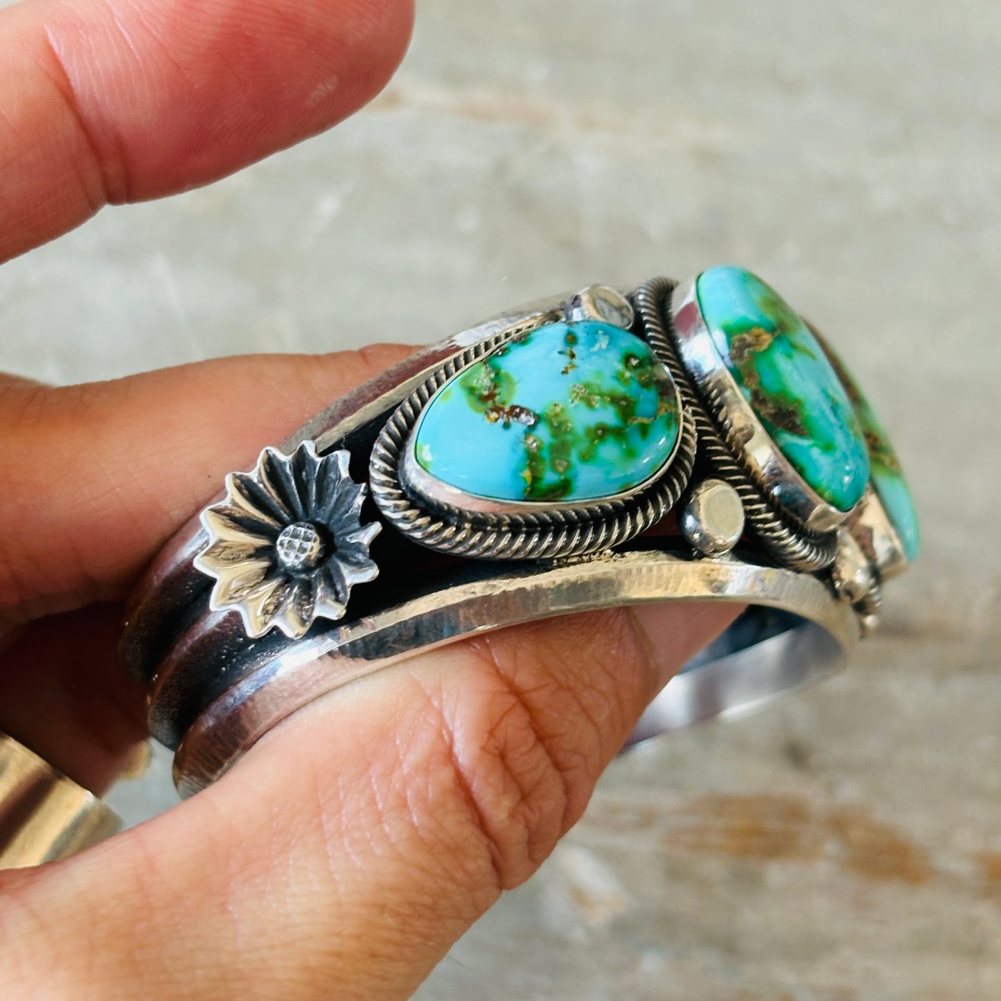 Navajo Hemerson Brown Sterling Silver & Sonoran Turquoise Statement Cuff