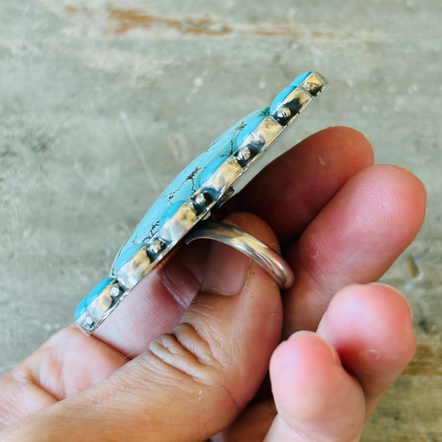 Navajo Geraldine James Sterling Silver - Kingman & Sonoran Gold Turquoise Cluster Ring