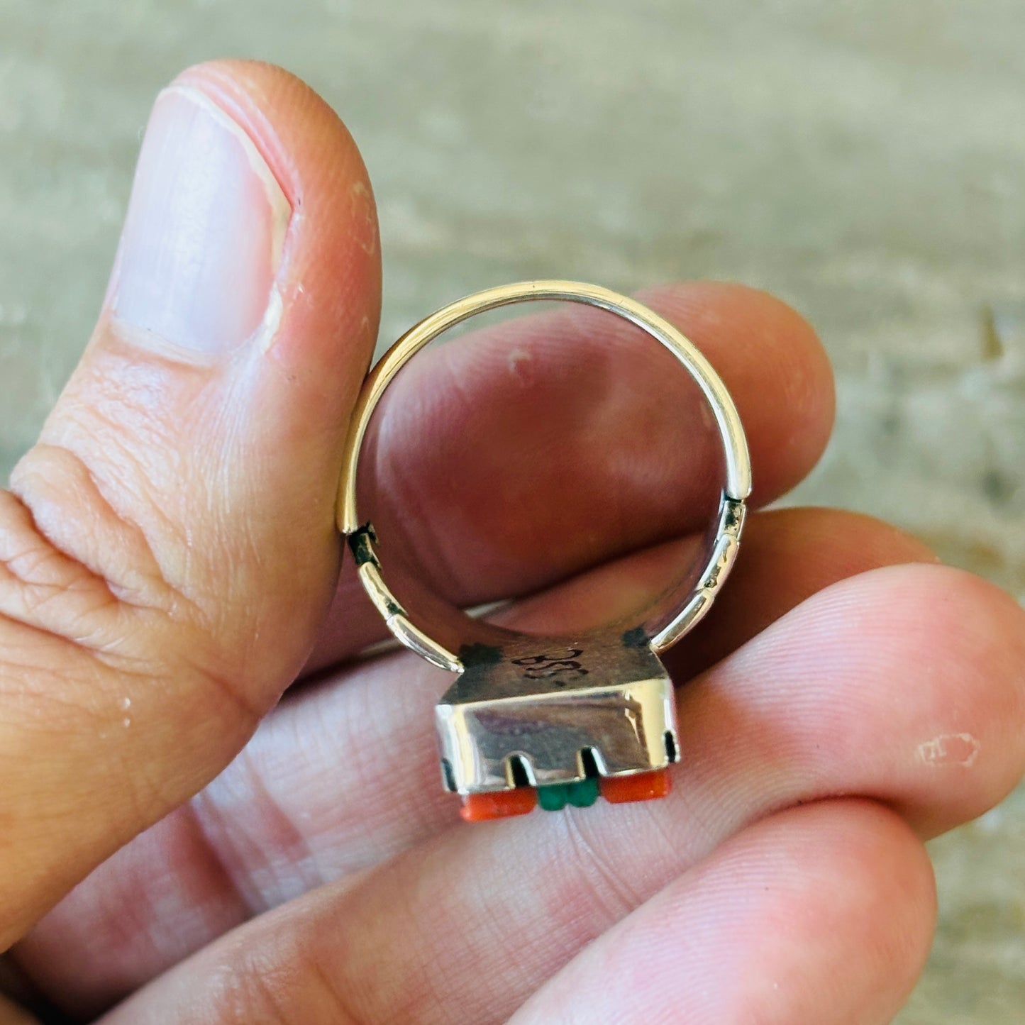 Navajo Richard Tsosie Sterling Silver - Red Coral & Multi Stone Cobblestone Ring