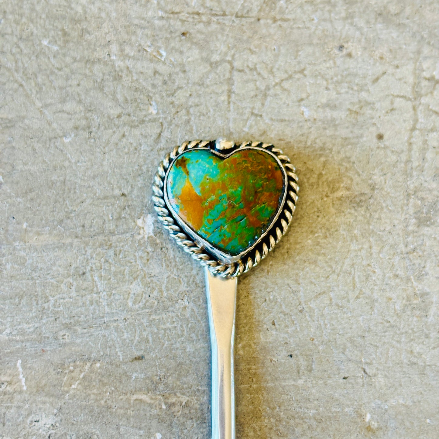 Navajo Lorenzo Ariviso Sterling Silver & Pilot Mountain Turquoise Heart Hair Pin