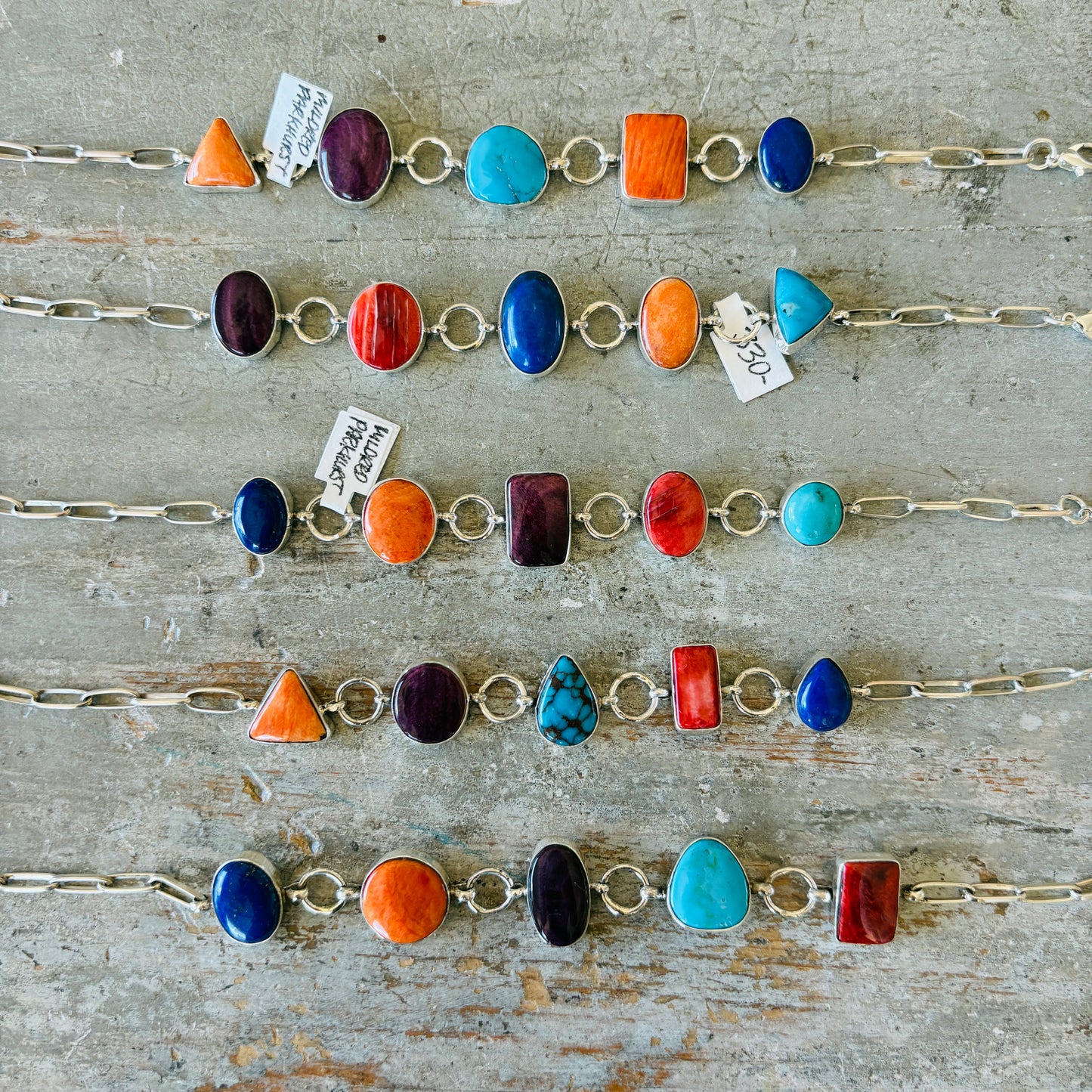 Navajo Mildred Parkhurst Sterling Silver Multi Stone Paper Clip Chain Bracelets