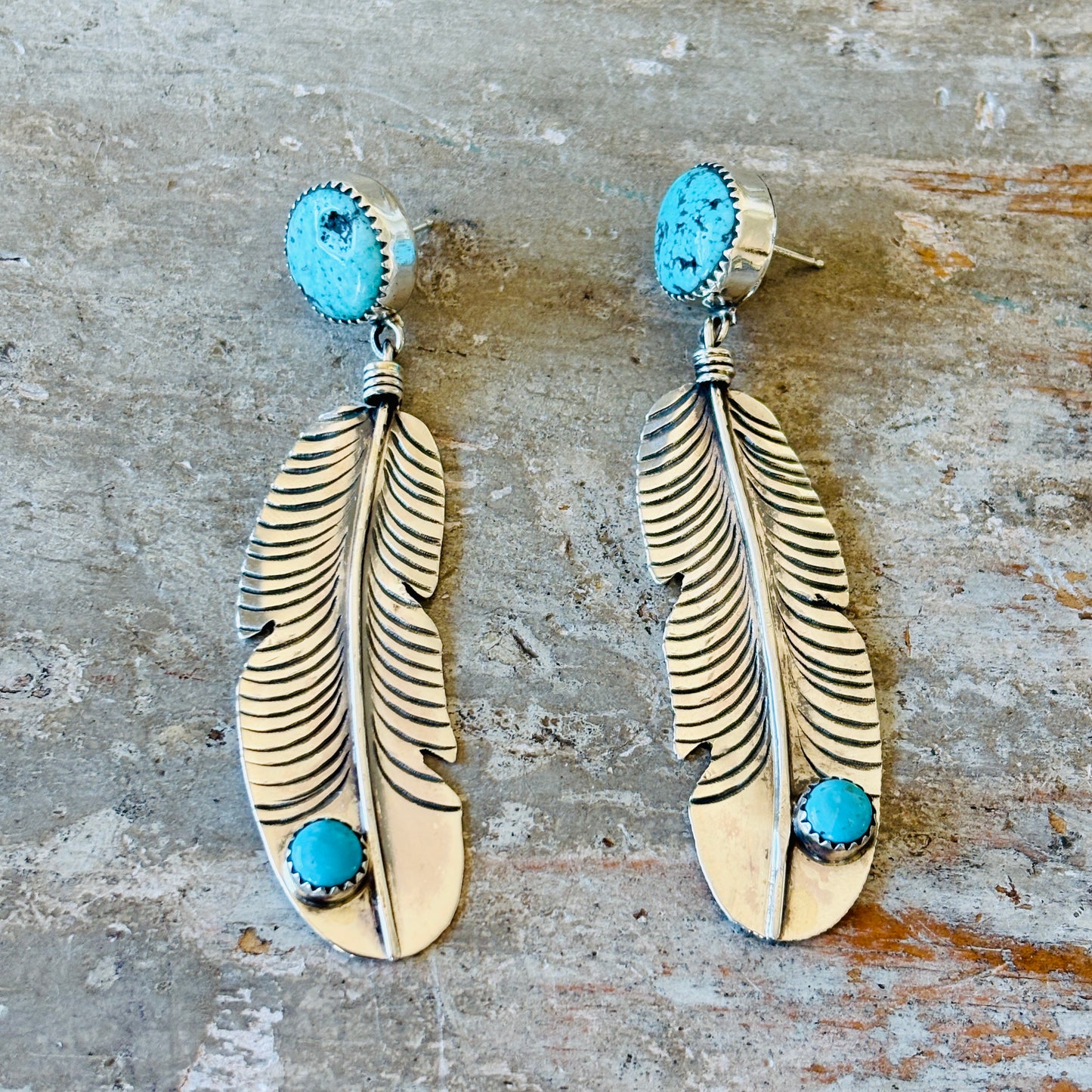 Navajo Lydia Begay Sterling Silver & Kingman Feather Earrings