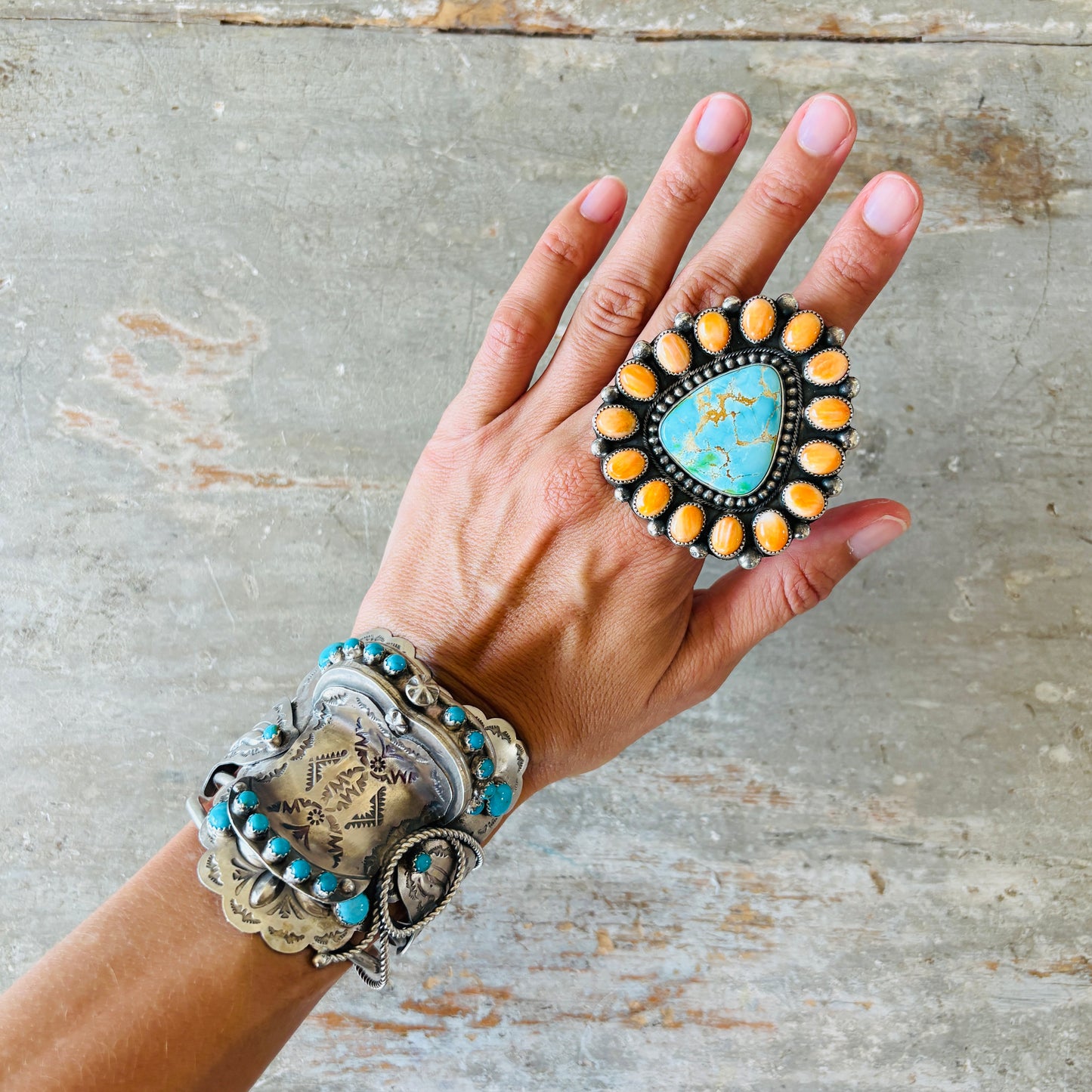 Navajo Dustin Francisco Sterling Silver - Orange Spiny Oyster & Royston Turquoise Cluster Ring