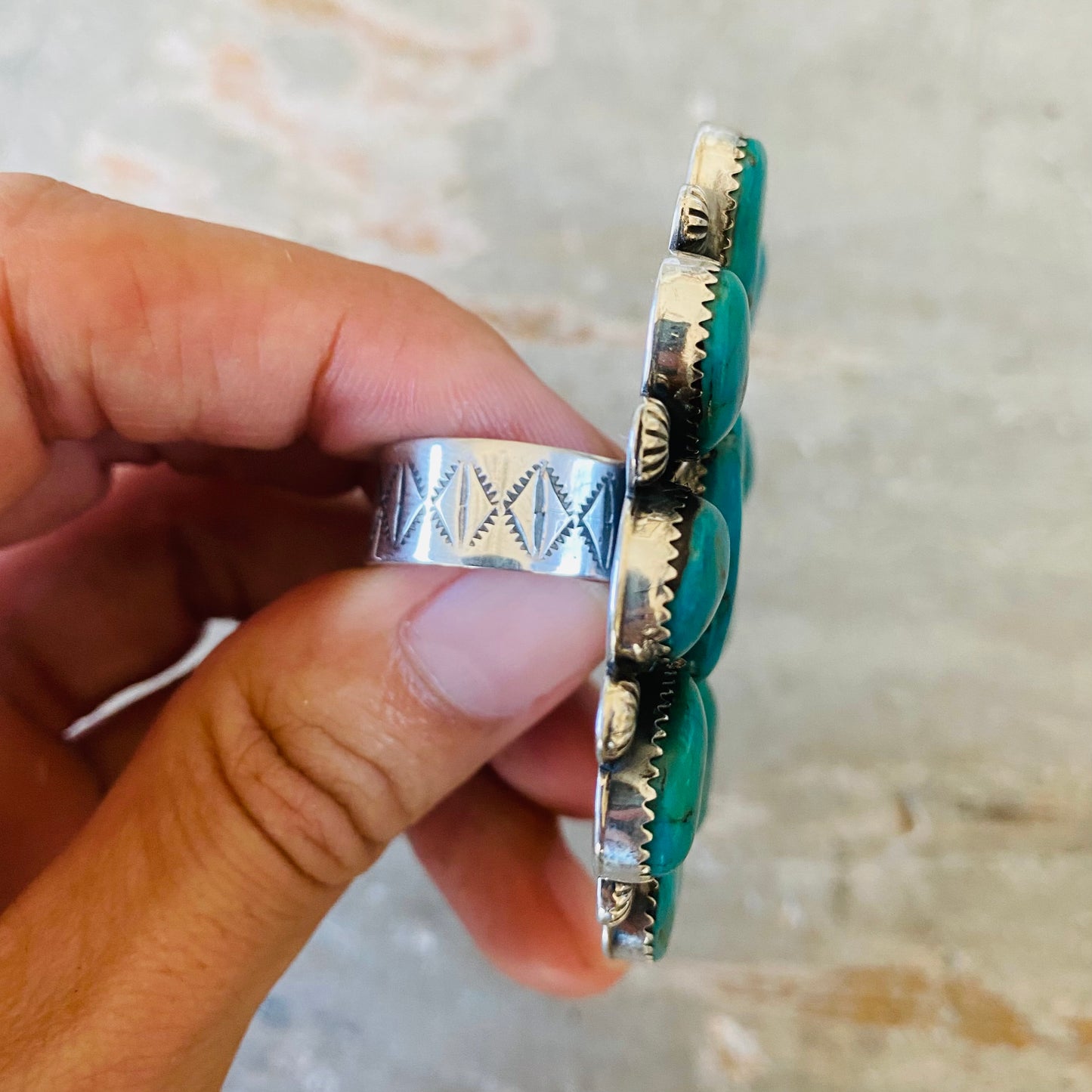Navajo Lorenzo Jerilyn Chee Sterling Silver & Kingman Turquoise Cluster Ring