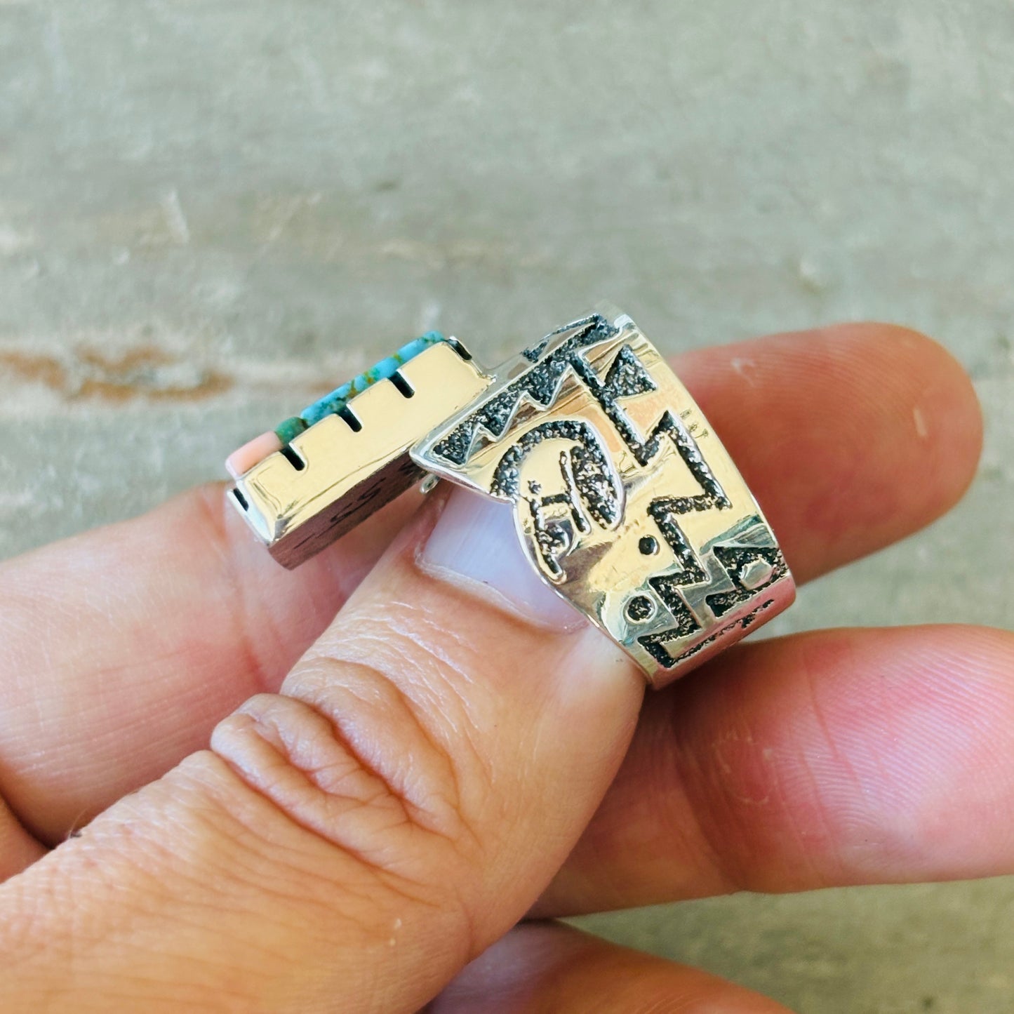 Navajo Richard Tsosie Sterling Silver - Red Coral & Multi Stone Cobblestone Ring