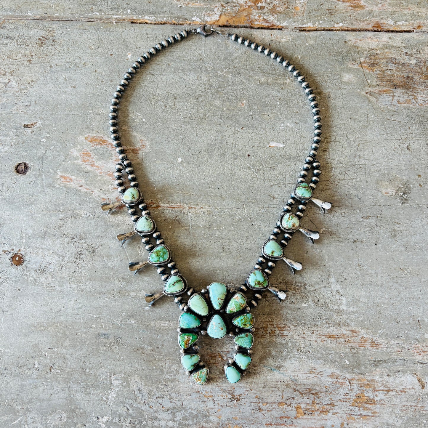 Navajo Rena Shelly Sterling Silver - Carico Lake & Sonoran Turquoise Squash Blossom Necklace