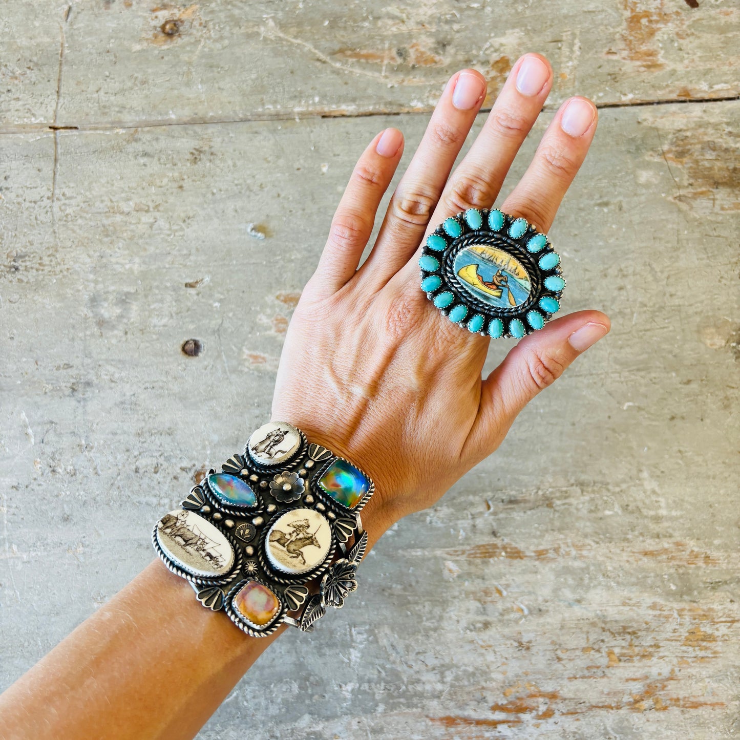 Navajo Kindale Billah Sterling Silver & Campitos Turquoise Canoe Ring