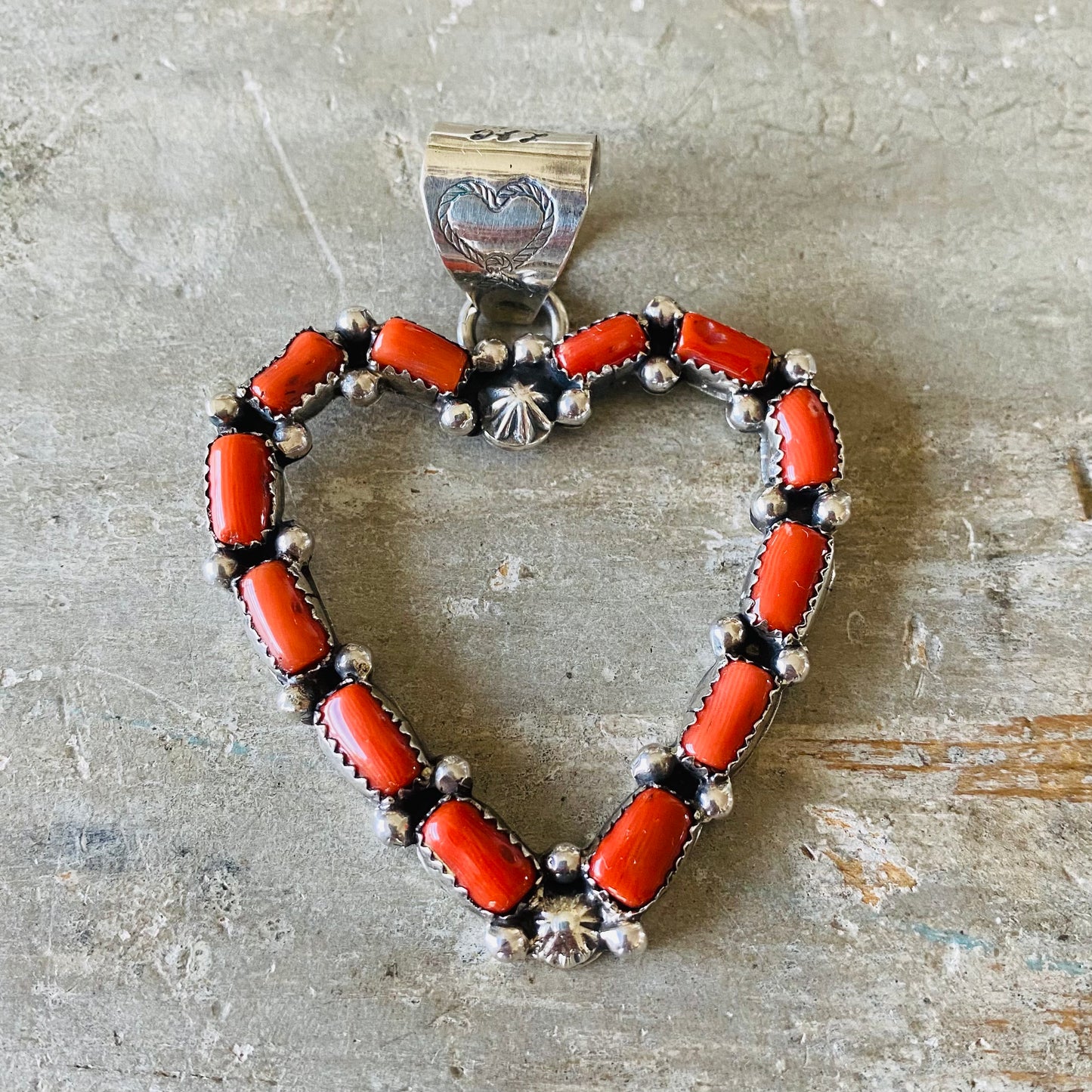 Navajo Lorenzo Jerilyn Chee Sterling Silver & Red Coral Heart Pendant