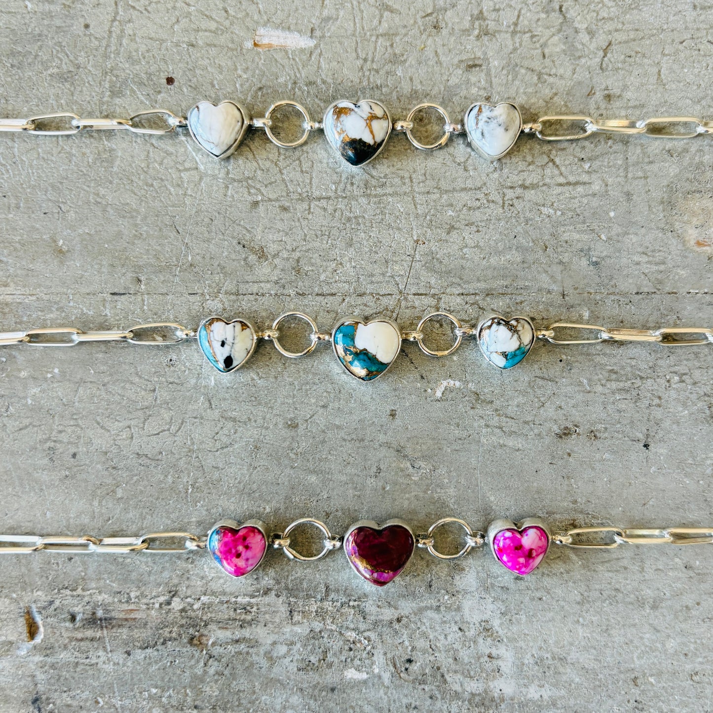 Navajo Mildred Parkhurst Sterling Silver & Mojave Paper Clip Chain Heart Bracelets