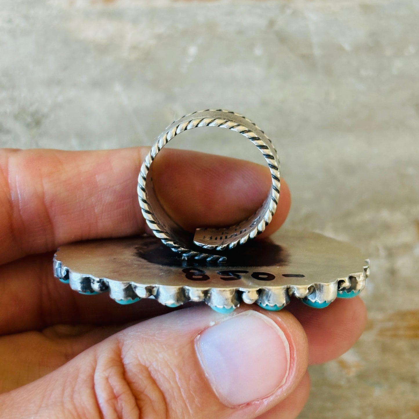 Navajo Kindale Billah Sterling Silver & Campitos Turquoise Canoe Ring