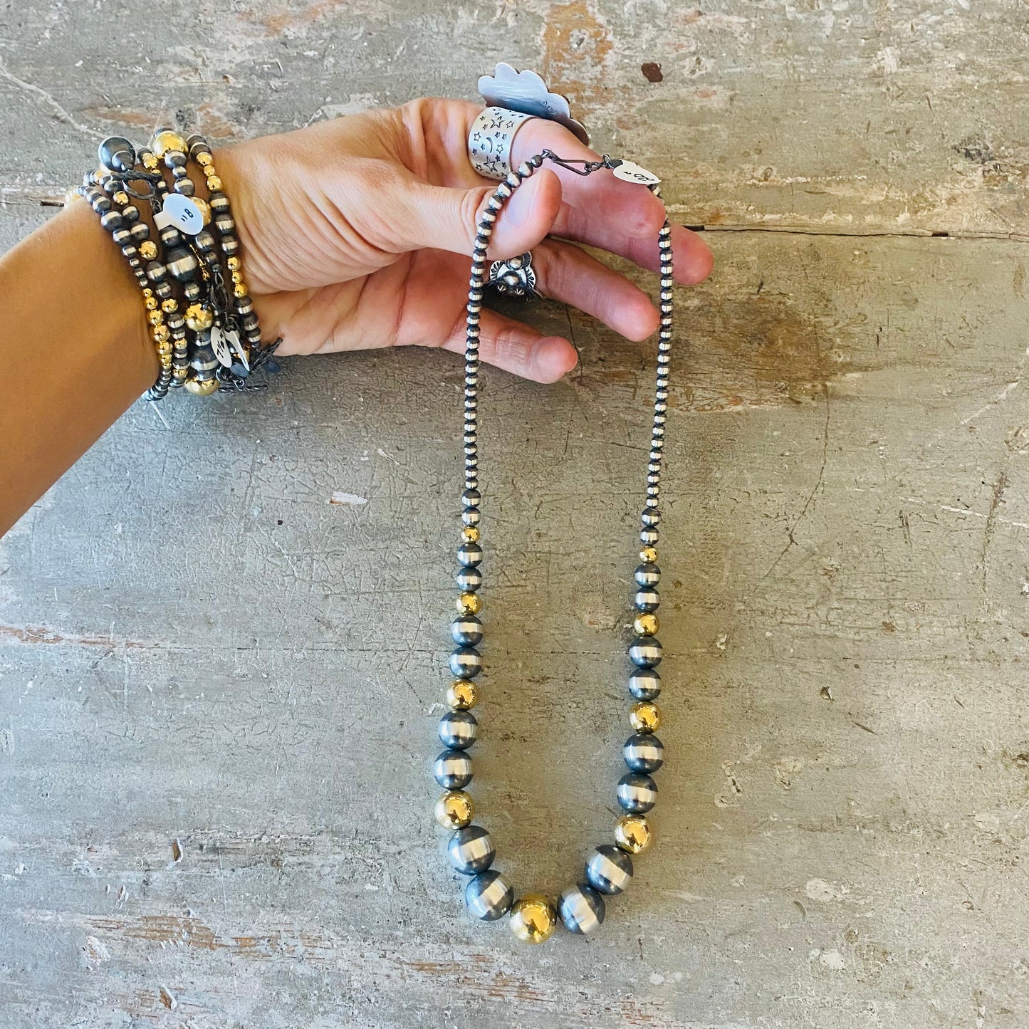 Native Strung Sterling Silver & 18k Gold Plated Graduated Machine Made Pearls Necklace